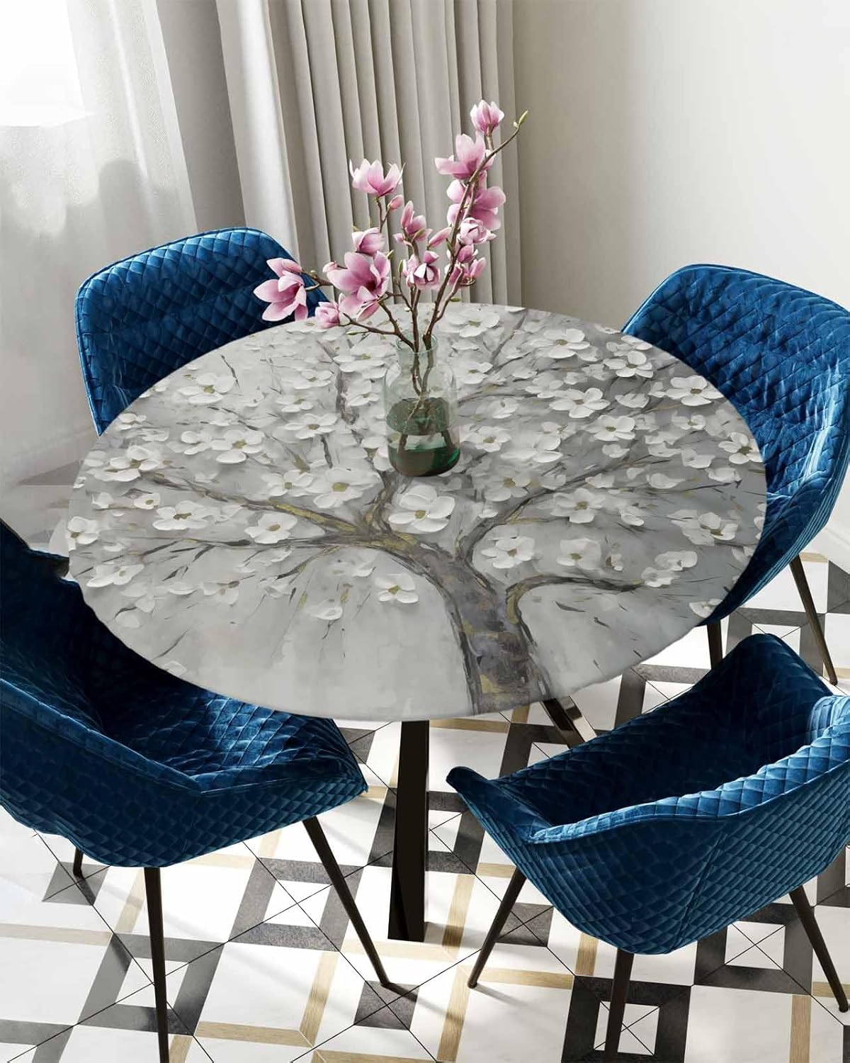 ZOE GARDEN Floral Tree Round Waterproof Table Cover Fitted Tablecloth