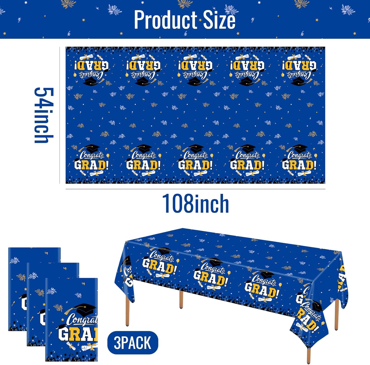 STARSIDE 3 Pack Blue Graduation Tablecloths 54x108