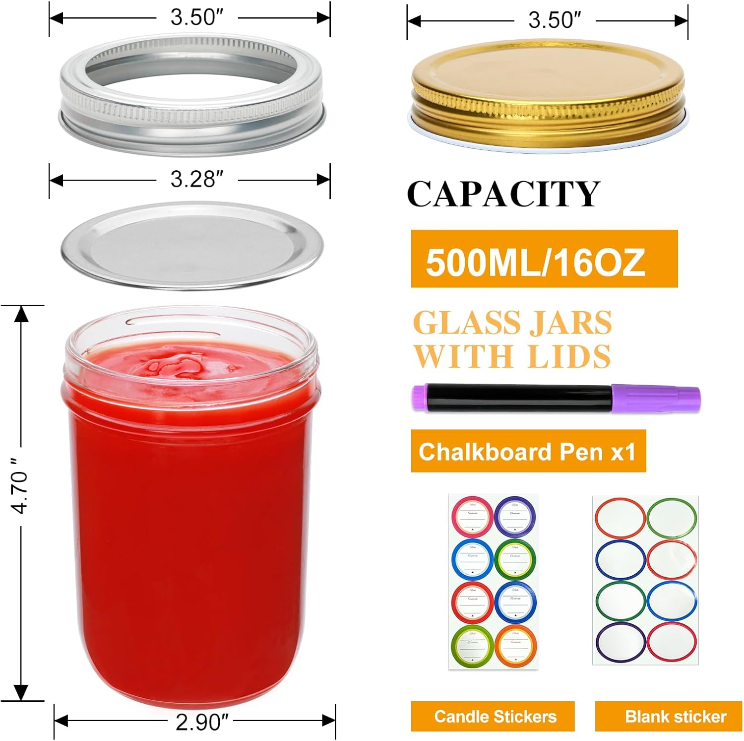16oz Mason Jars with Lids 12 Pack Overnight Oats Containers for Jam and Canning