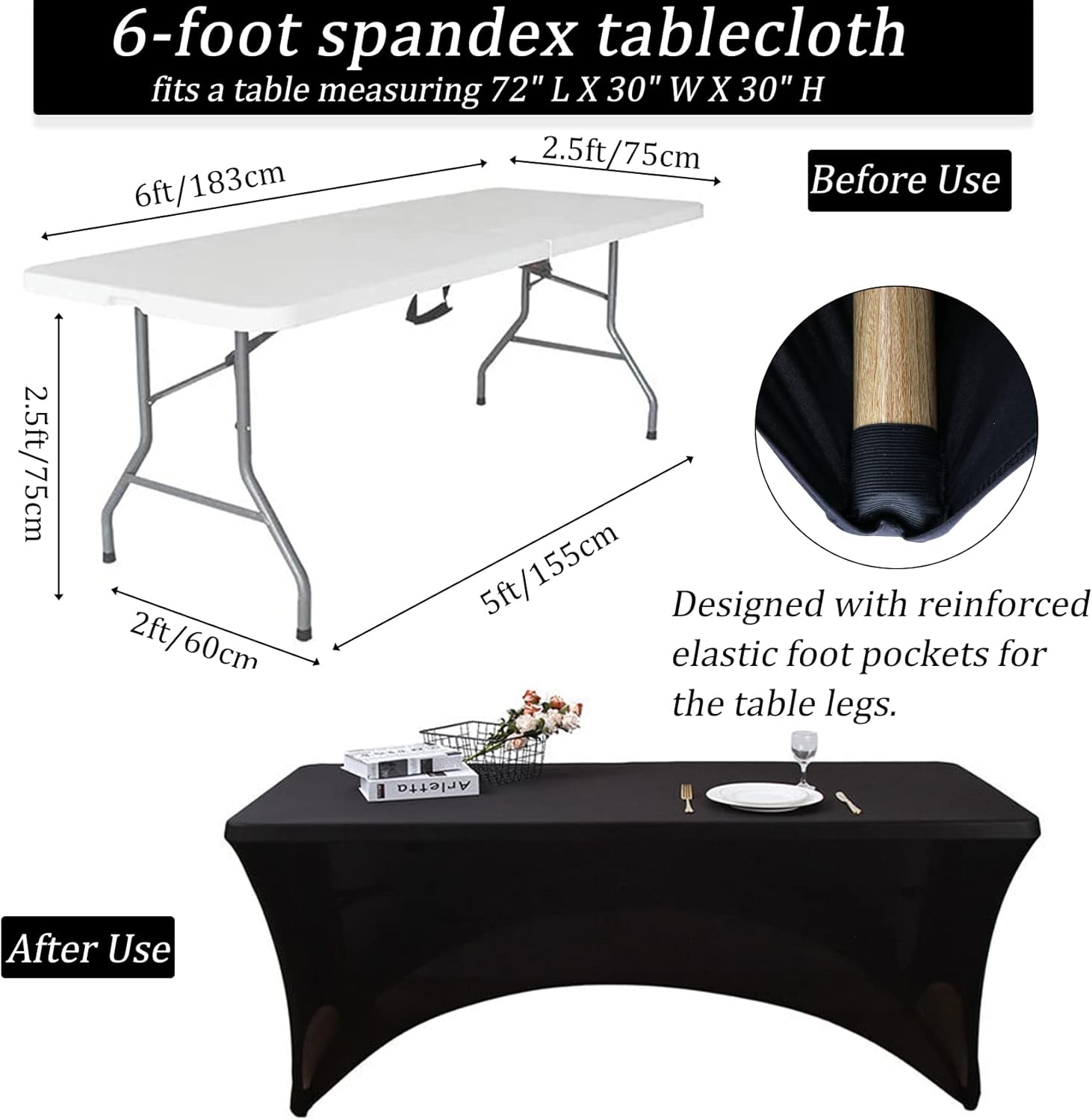 4 Pack 6 Foot Black Spandex Table Cloth for Folding Tables