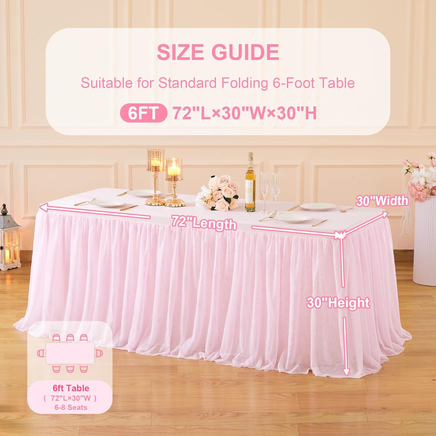 1 Pack Pink Table Cloth for Rectangle Tables 6FT Tulle Table Skirt Stretch Fitted Table Cover