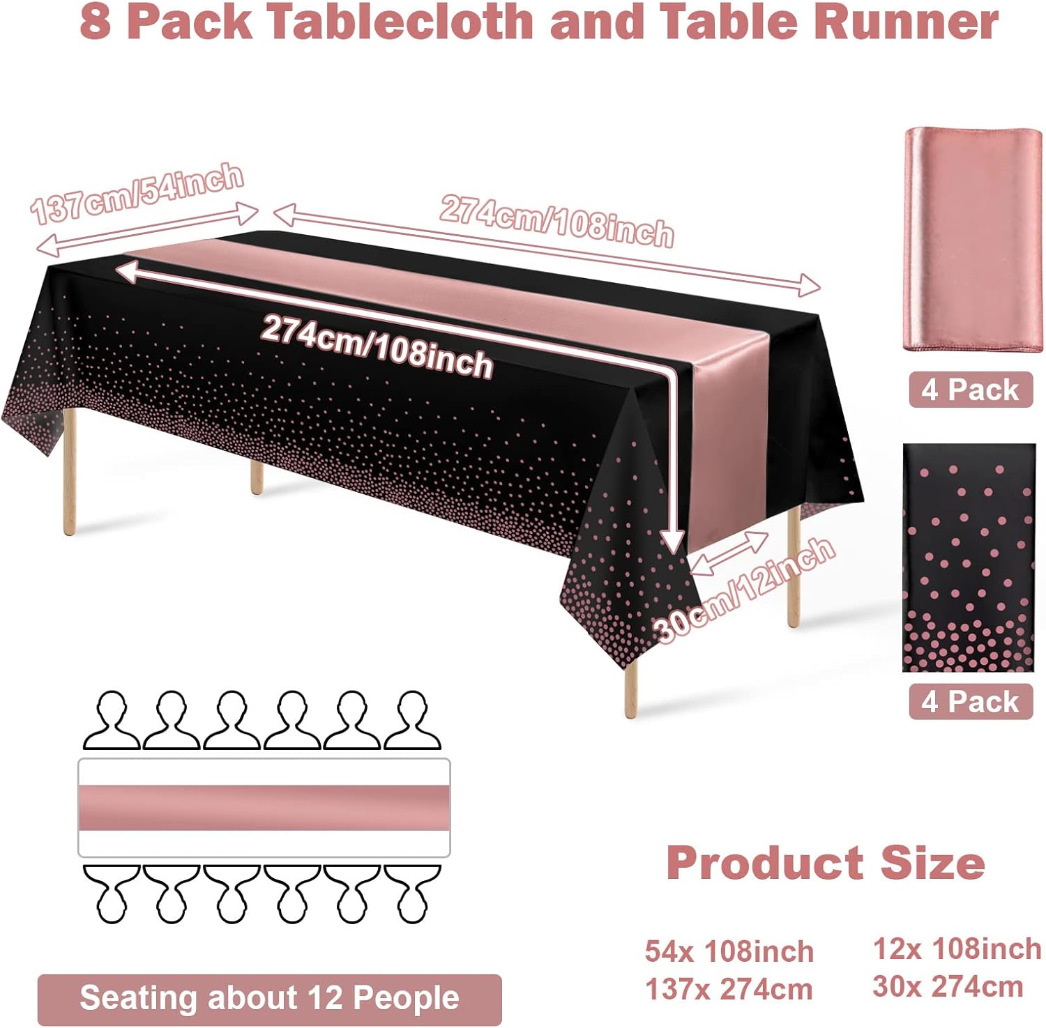 8 Pack Disposable Plastic Tablecloths and Satin Table Runner Set Black Rose Gold Dot Wedding Party Decor
