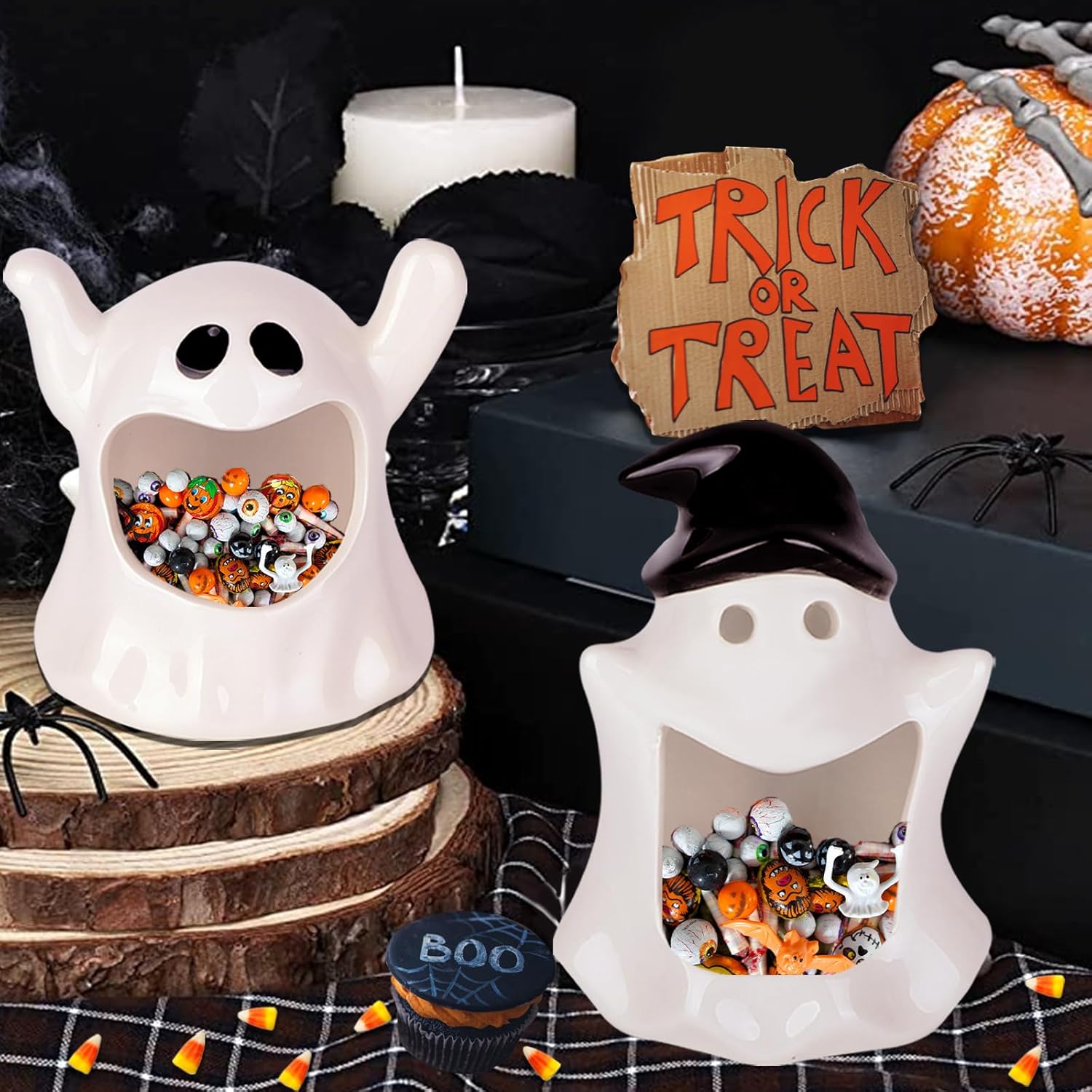 DIYDEC Halloween Candy Dish Holder 2PCS Ghost Ceramic Bowls