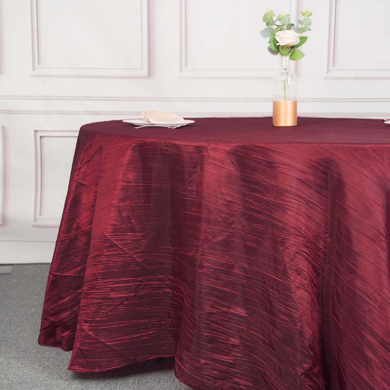 120 Inch Burgundy Accordion Crinkle Taffeta Round Tablecloth