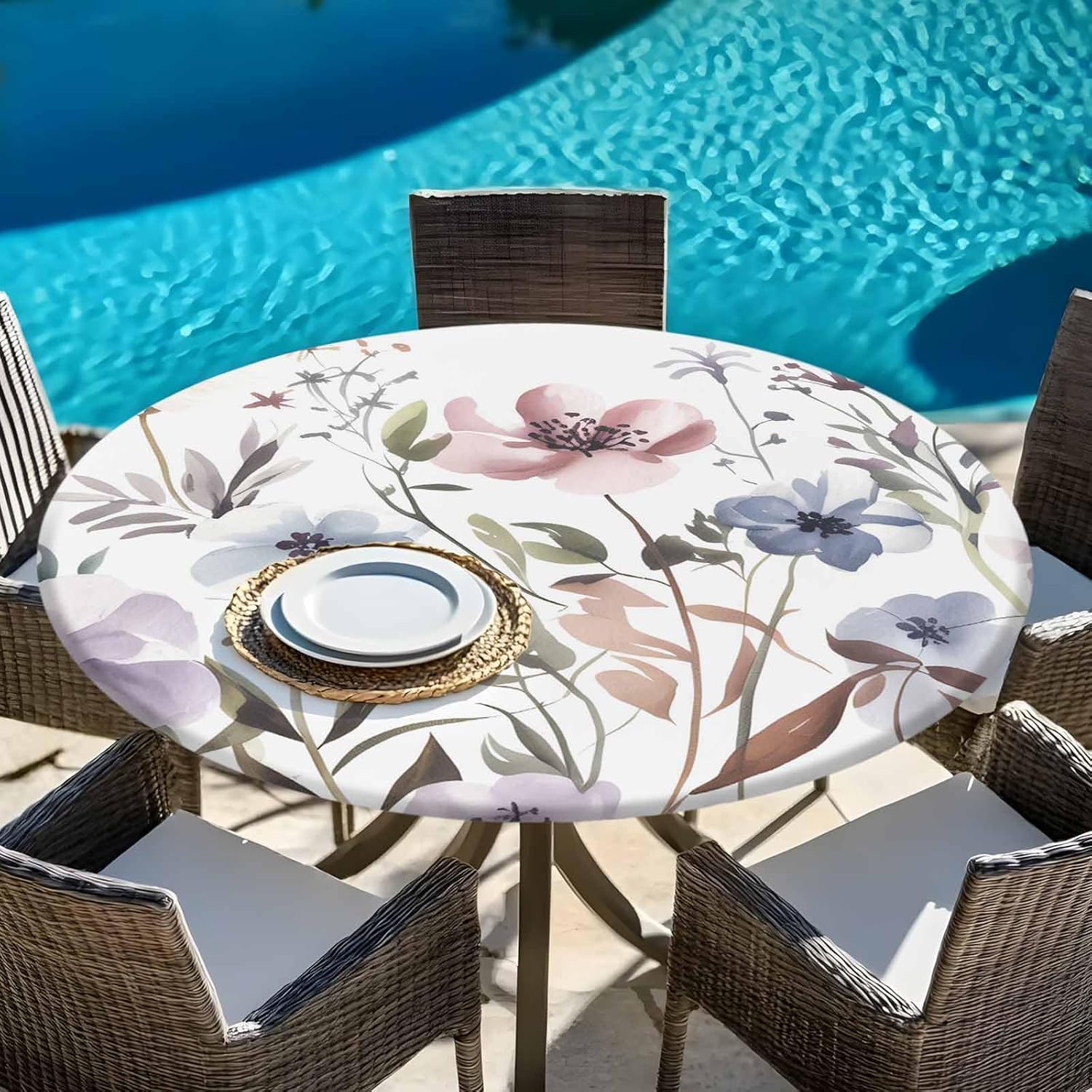 Falaniique Watercolor Floral Round Tablecloth 45-54 Inch