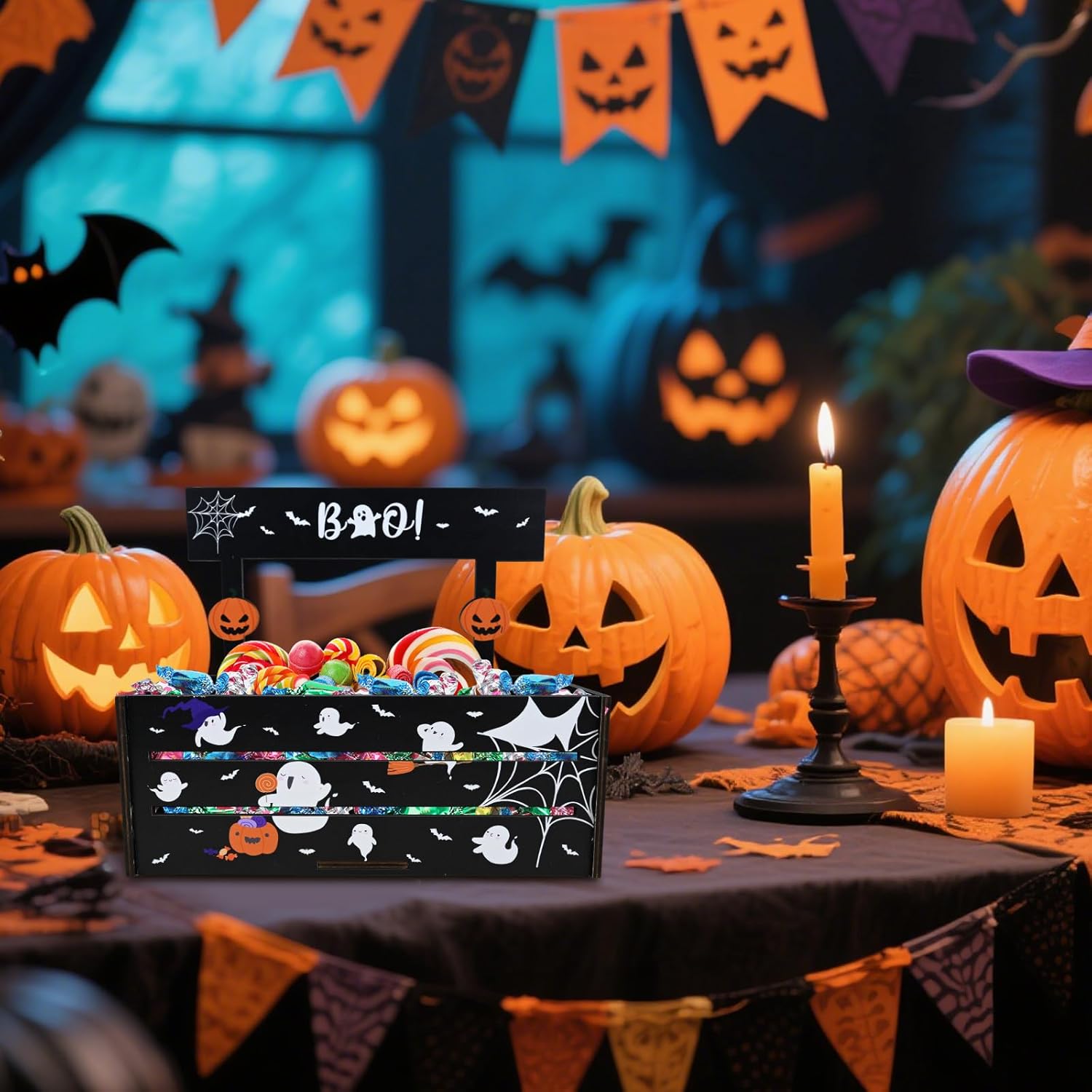Halloween Candy Bowl Wooden Serving Dish with Ghost Pumpkin Design