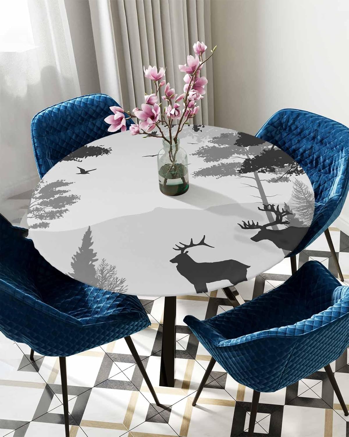 Foggy Forest Elk Round Waterproof Table Cover Fitted Tablecloth