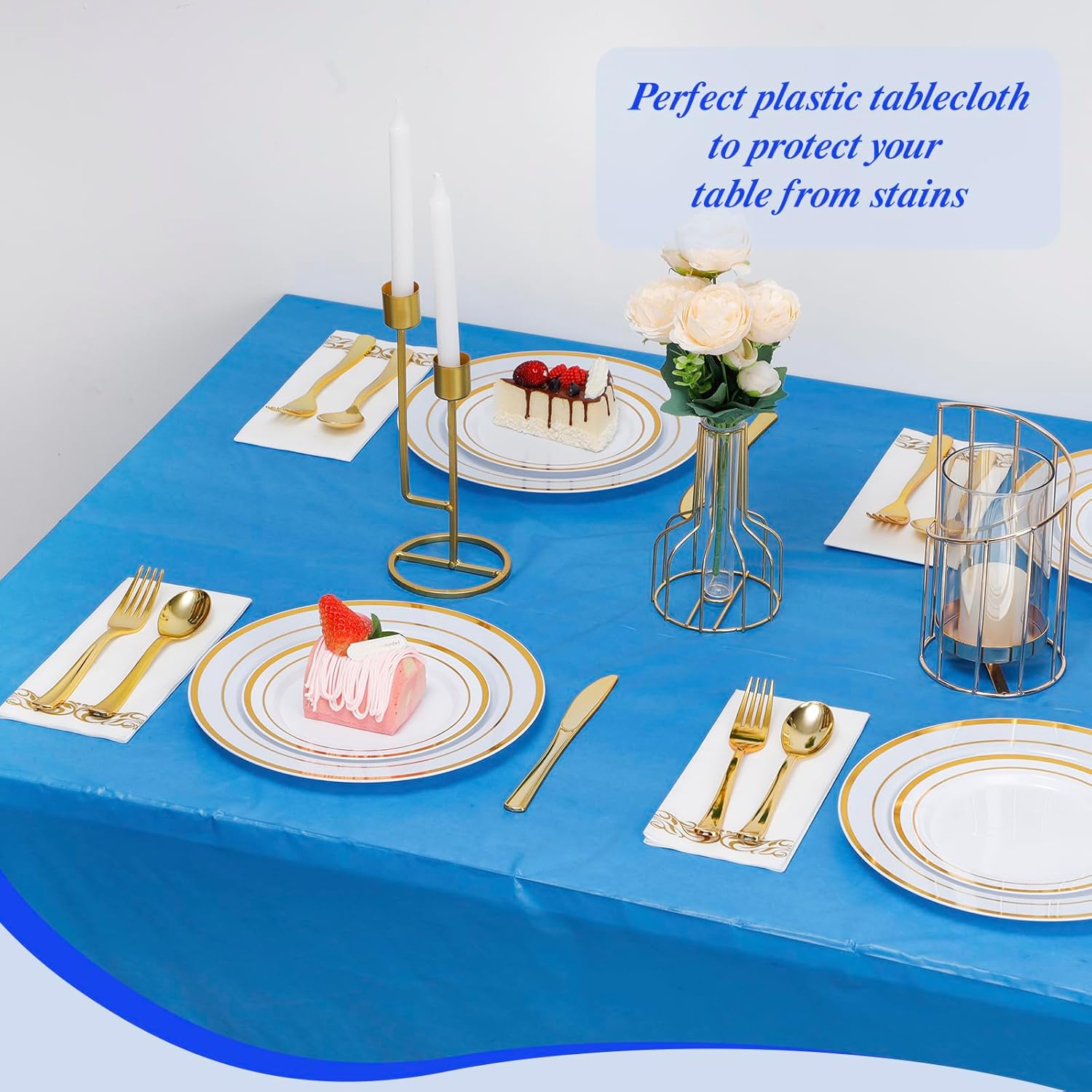 Goodluck 54 Inch X 300 Feet Plastic Tablecloth with Cutter Box Blue Disposable Table Cover Roll