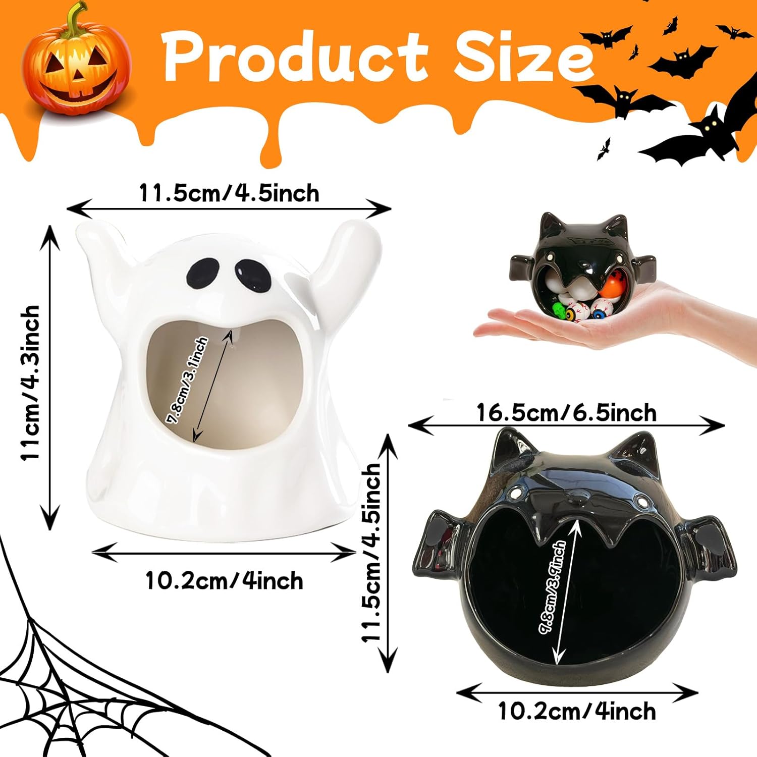 2 Pack Halloween Candy Bowls with Ghost and Bat Designs