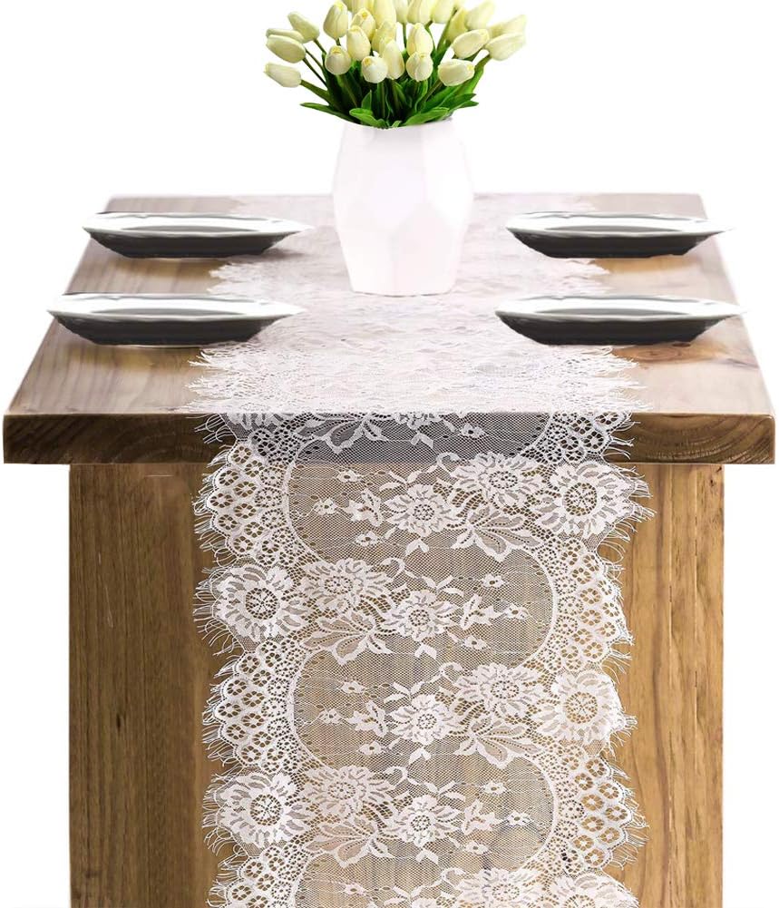 4 Pcs White Lace Table Runners 14x120 Inch Vintage Boho Table Runner for Wedding Bridal Shower Decor