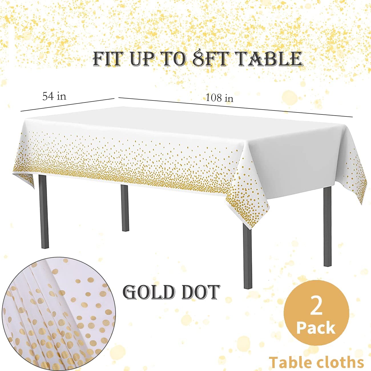 2 Pack White Gold Plastic Tablecloths for 54x108 Tables