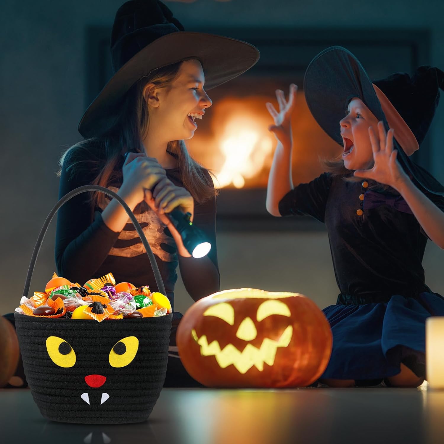 Halloween Trick or Treat Basket with Handle Cat Design