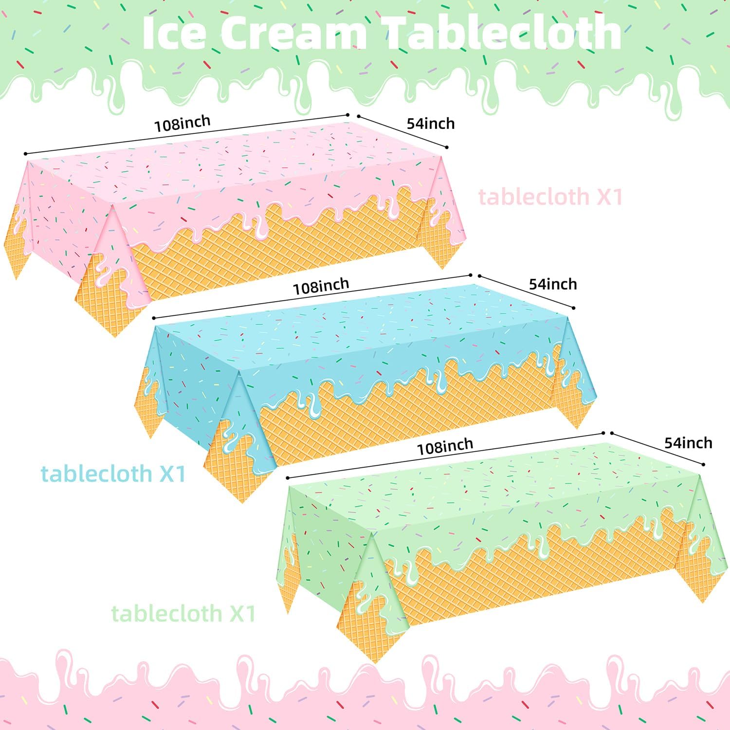 UROINEPA Ice Cream Party Decorations 3Pcs Tablecloths