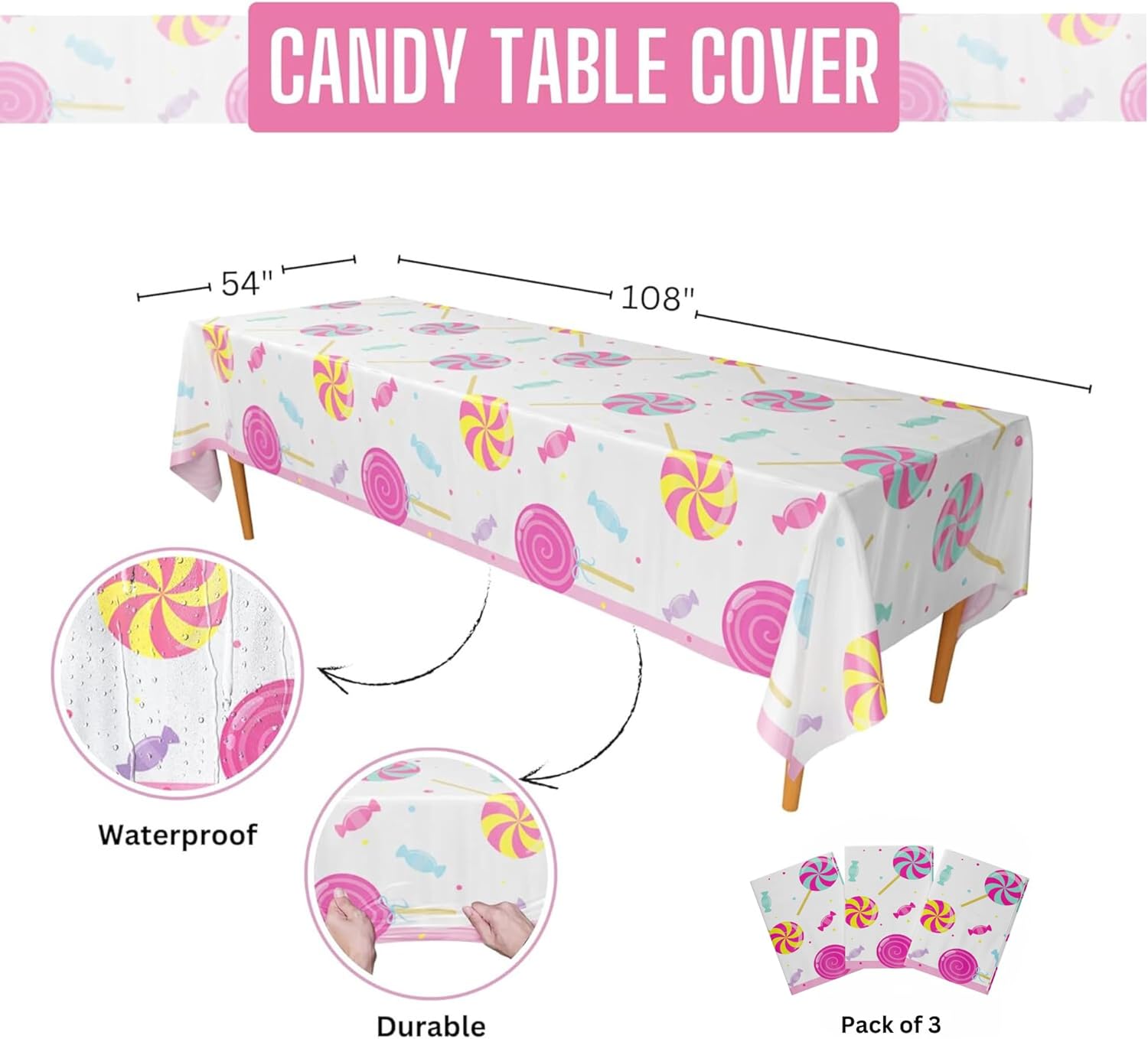 Blue Orchards Candy Theme Table Covers Pack of 3 54x108 XL