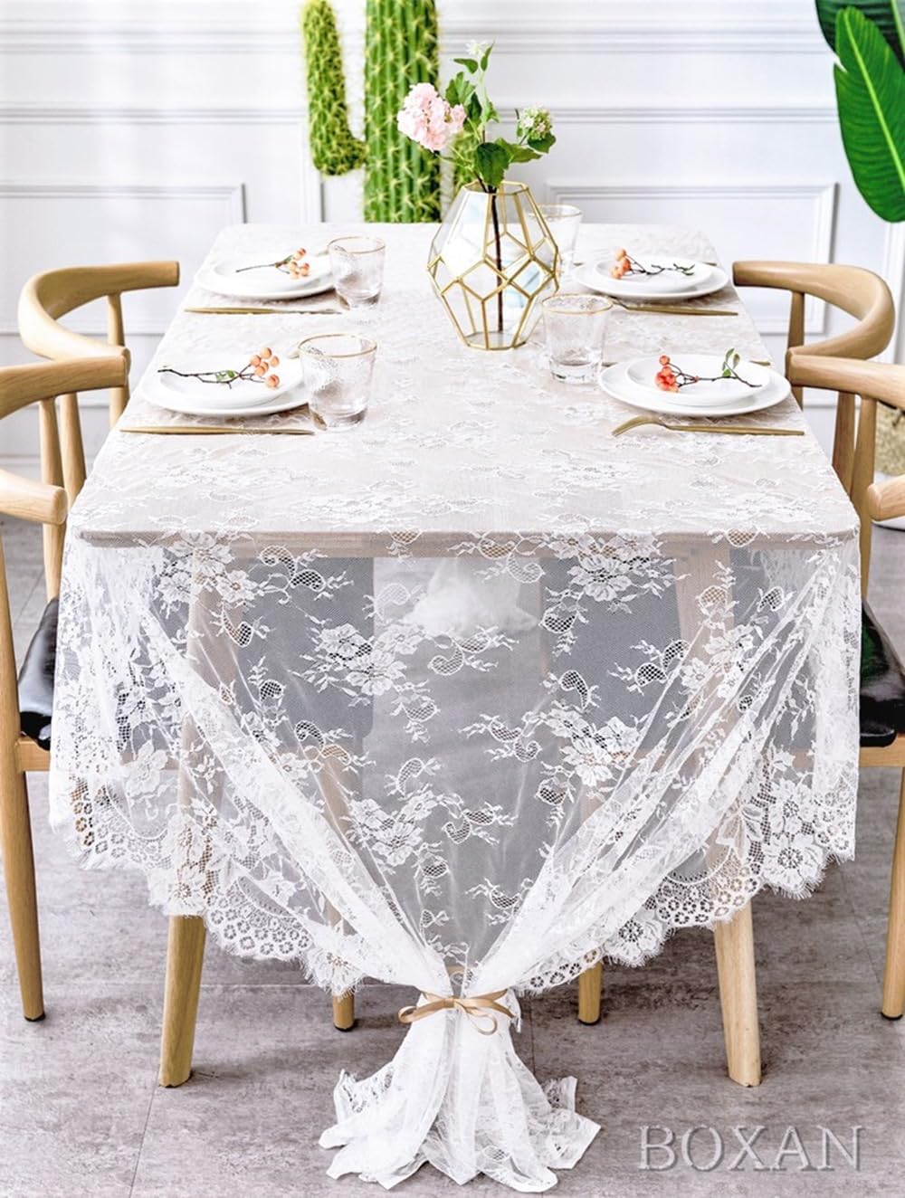 BOXAN 60x120 Inch White Lace Tablecloth Overlay
