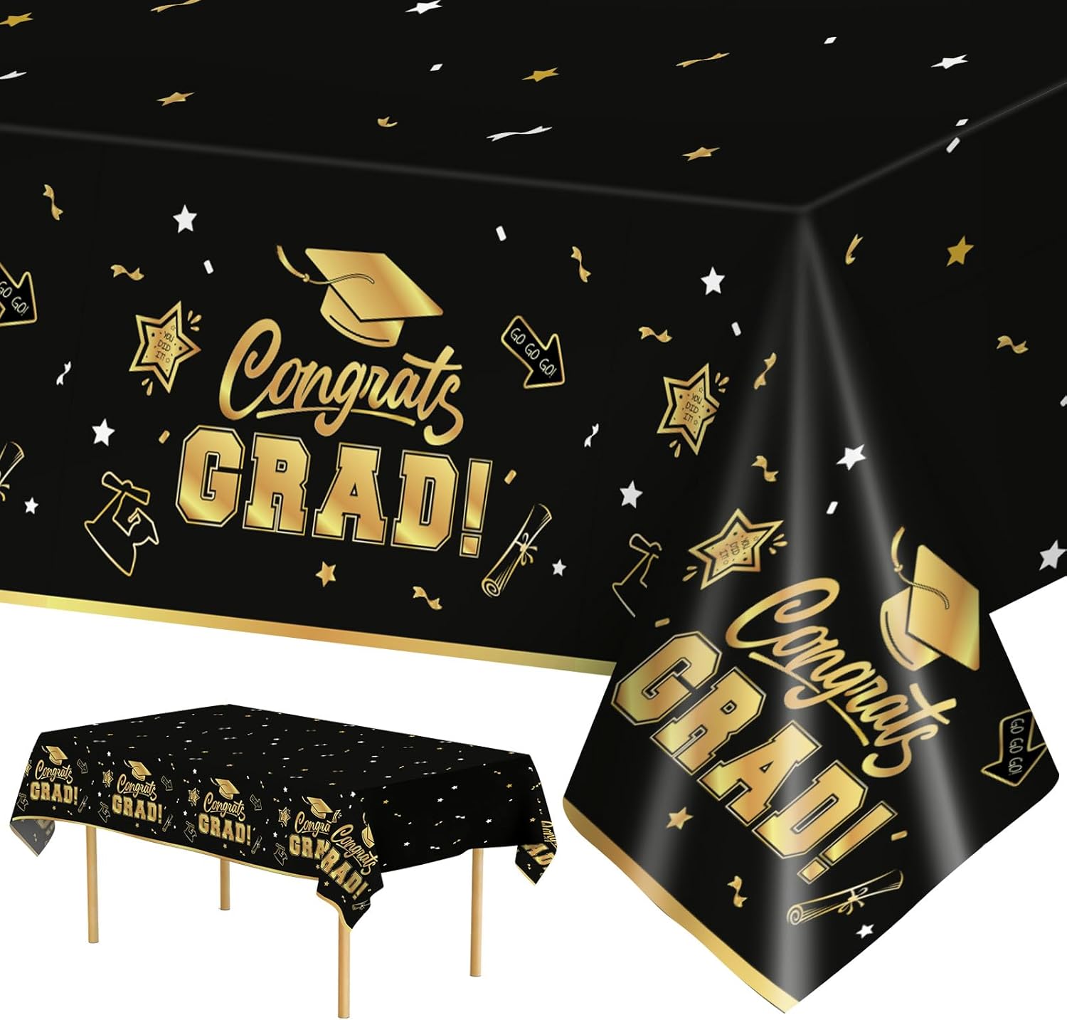 2 Pack Graduation Tablecloths - Black Gold Class of 2025 Decorations