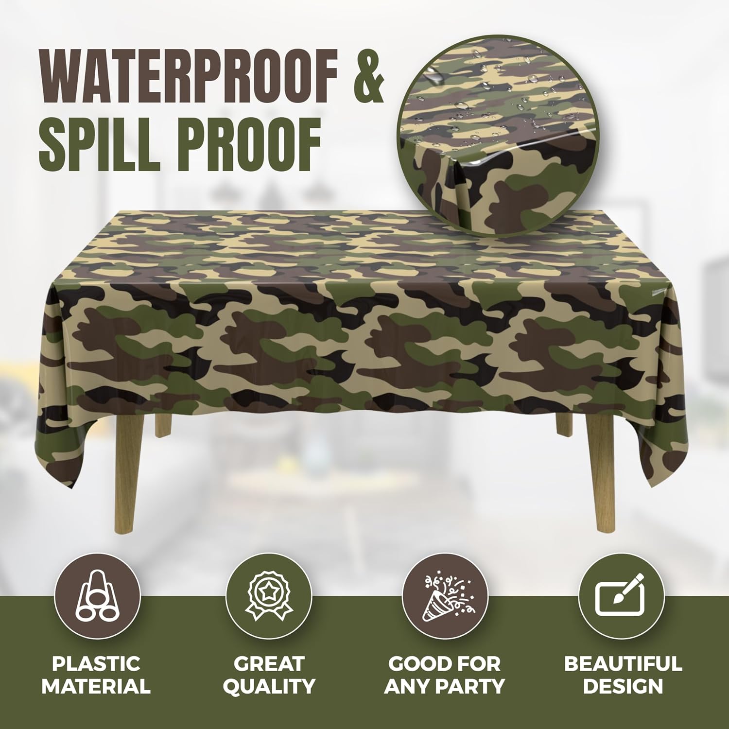 5 Pack Premium Camo Plastic Tablecloth - 108 x 54 in