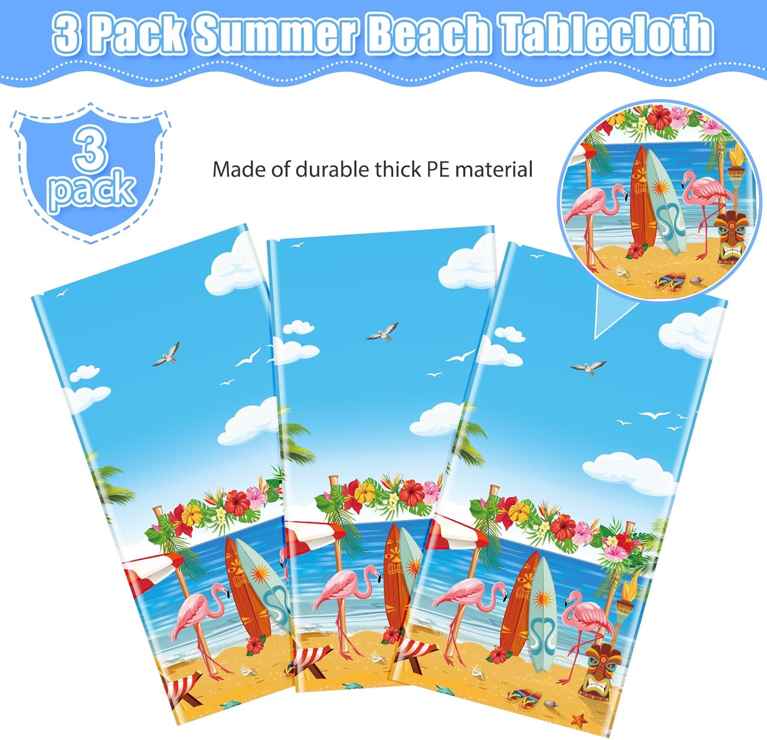 3 Pack Summer Beach Plastic Tablecloths with Hawaiian Design