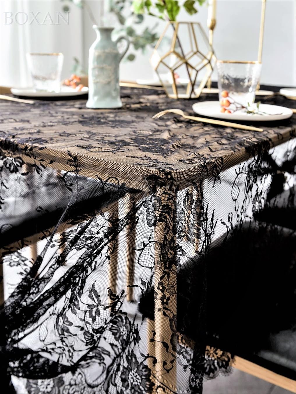 BOXAN Vintage Rose Embroidered Black Lace Tablecloth Overlay - 120 x 60 Rectangular