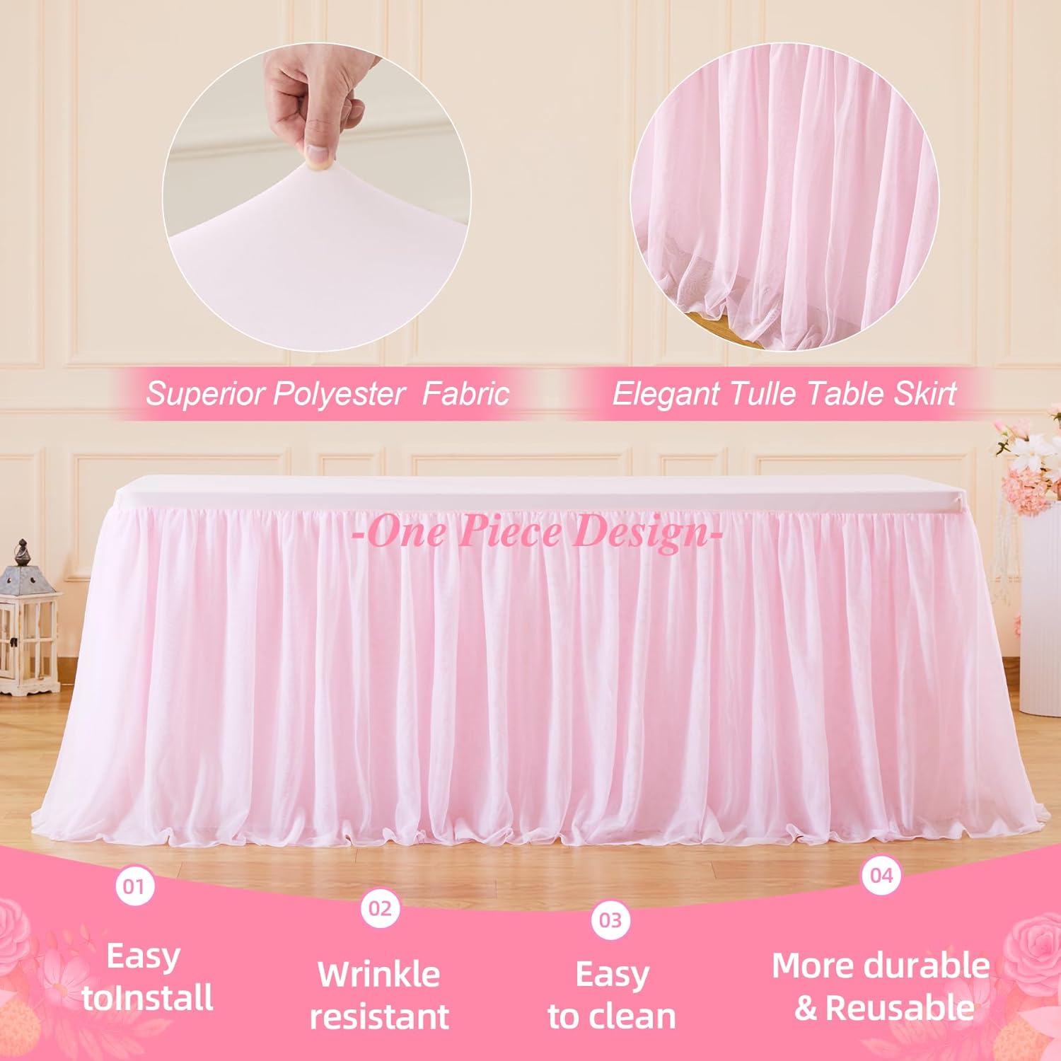 1 Pack Pink Table Cloth for Rectangle Tables 6FT Tulle Table Skirt Stretch Fitted Table Cover