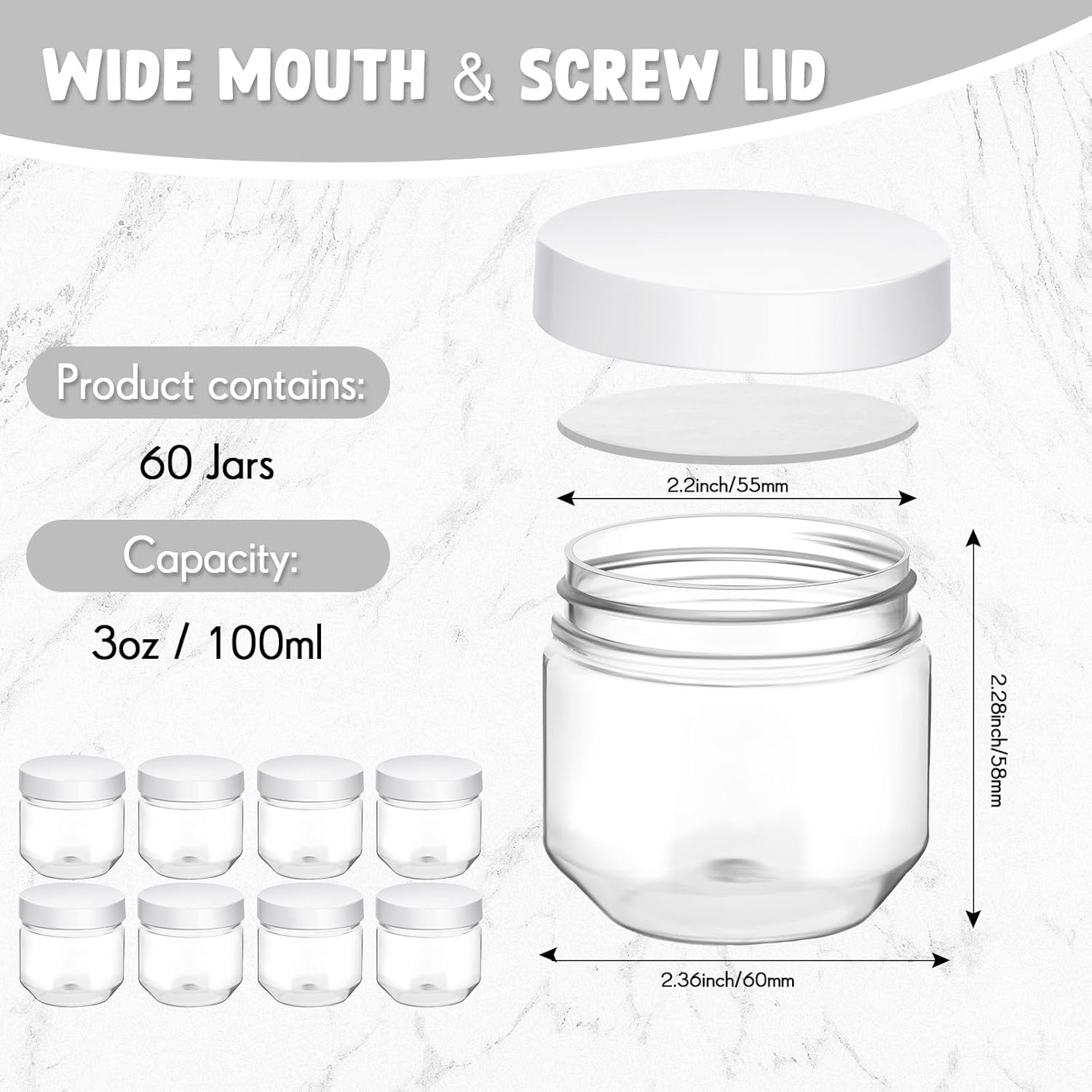 Tanlade 60 Pcs 3 Oz Clear Plastic Jars with Lids