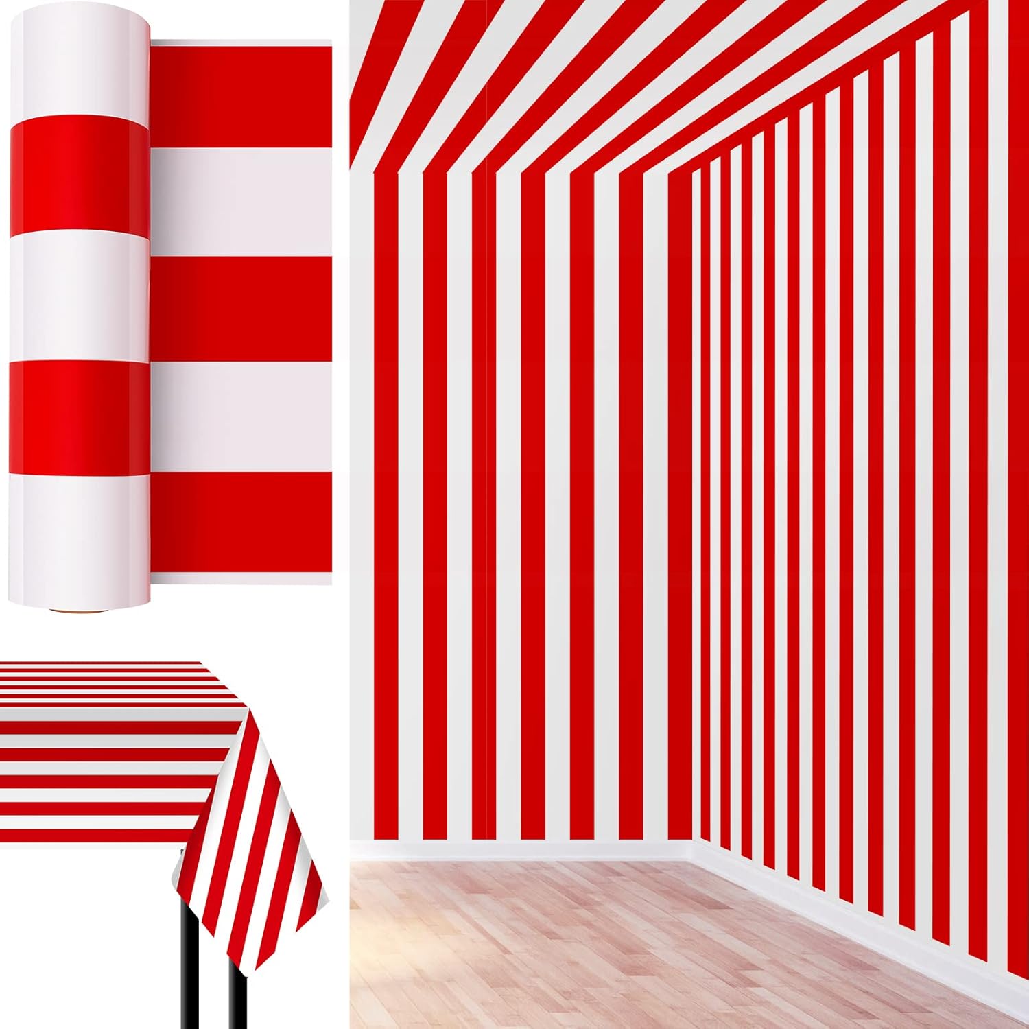 Jecery 54 Inch x 100 Ft Tablecloth Roll Red White Stripes