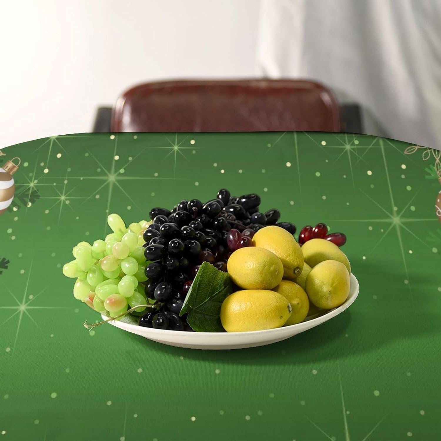 Christmas Ball Rectangular Tablecloth with Green Baubles Snowflake Pattern
