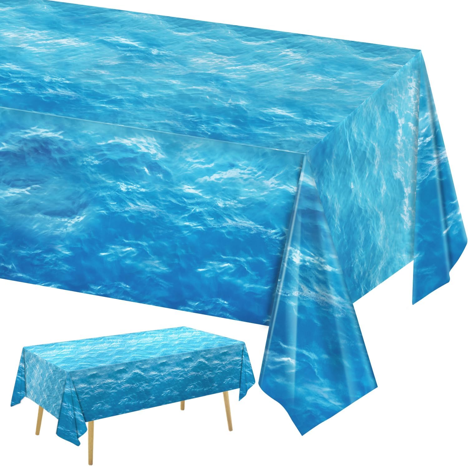 3 Piece Ocean Waves Tablecloth 54x108 Inch Water Print Plastic Table Cover for Beach Pool Party Decor