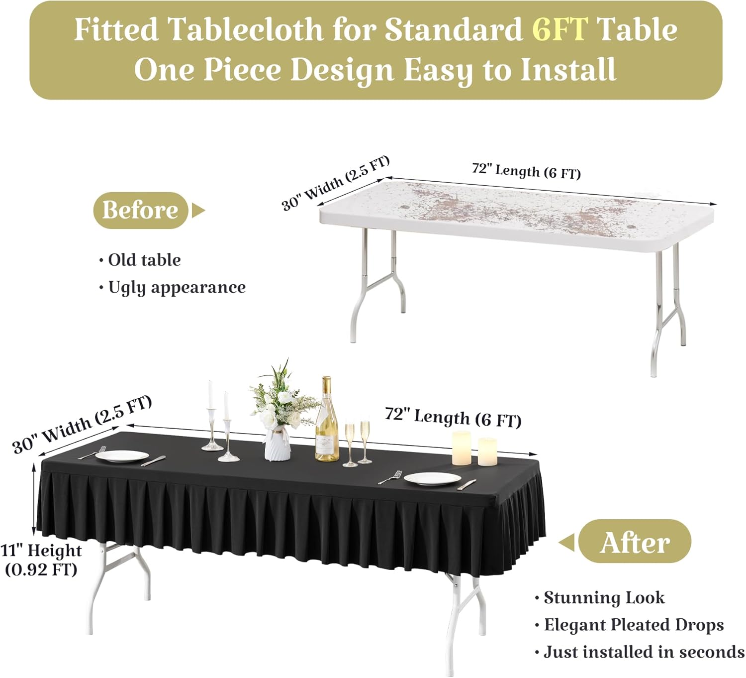 1 Pack Black Spandex Tablecloth for 6 Foot Rectangle Table with Pleated Skirt