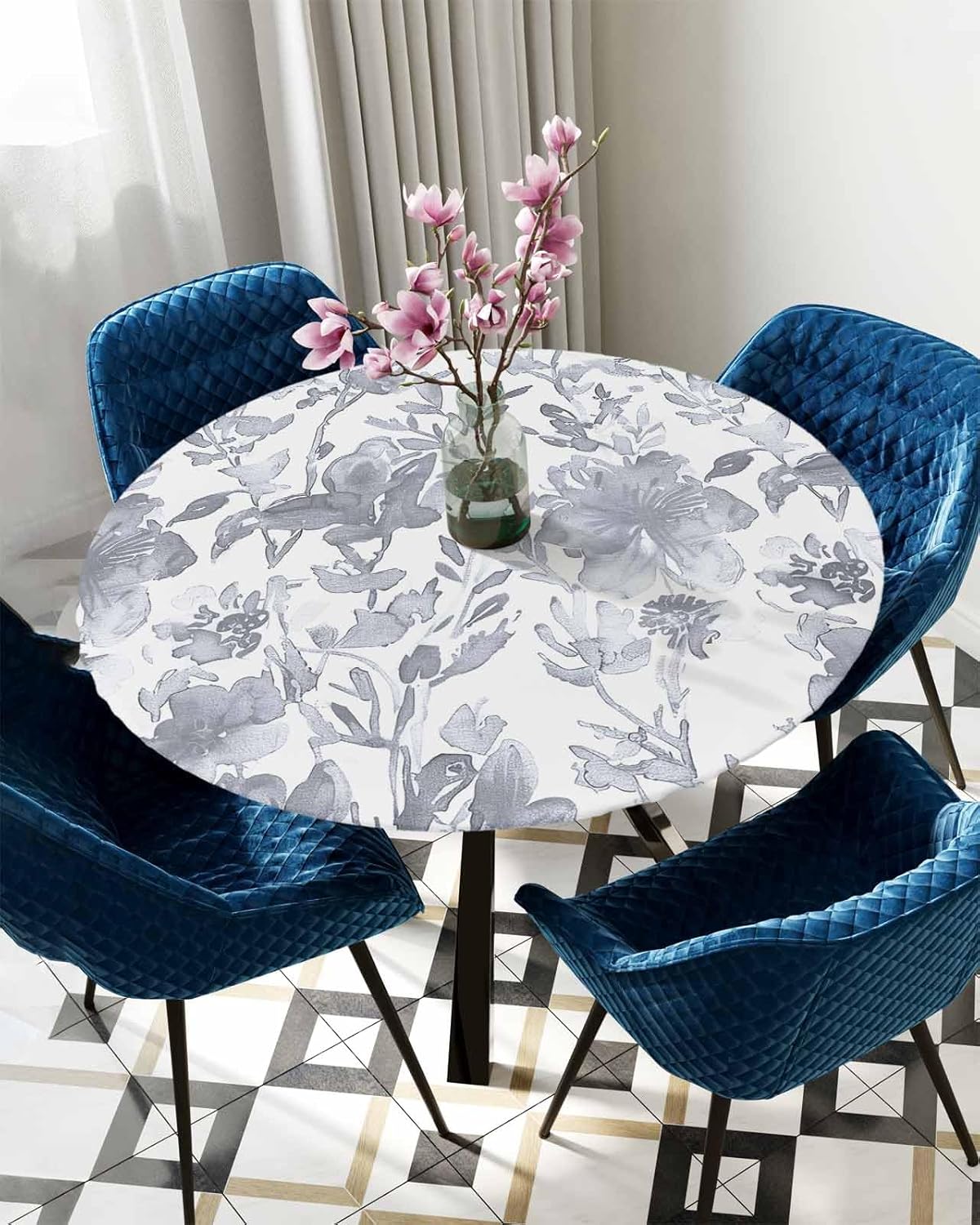 Gray Botanical Round Waterproof Table Cover Fitted Tablecloth
