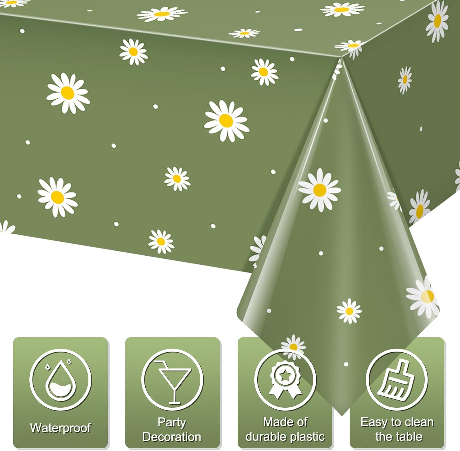 6 Pack Sage Green Daisy Tablecloths for Spring Party Decor