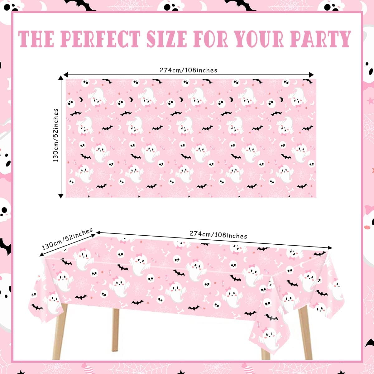 3PCS Halloween Tablecloth Pink Skulls Spider Web Ghost Bat Water-Resistant