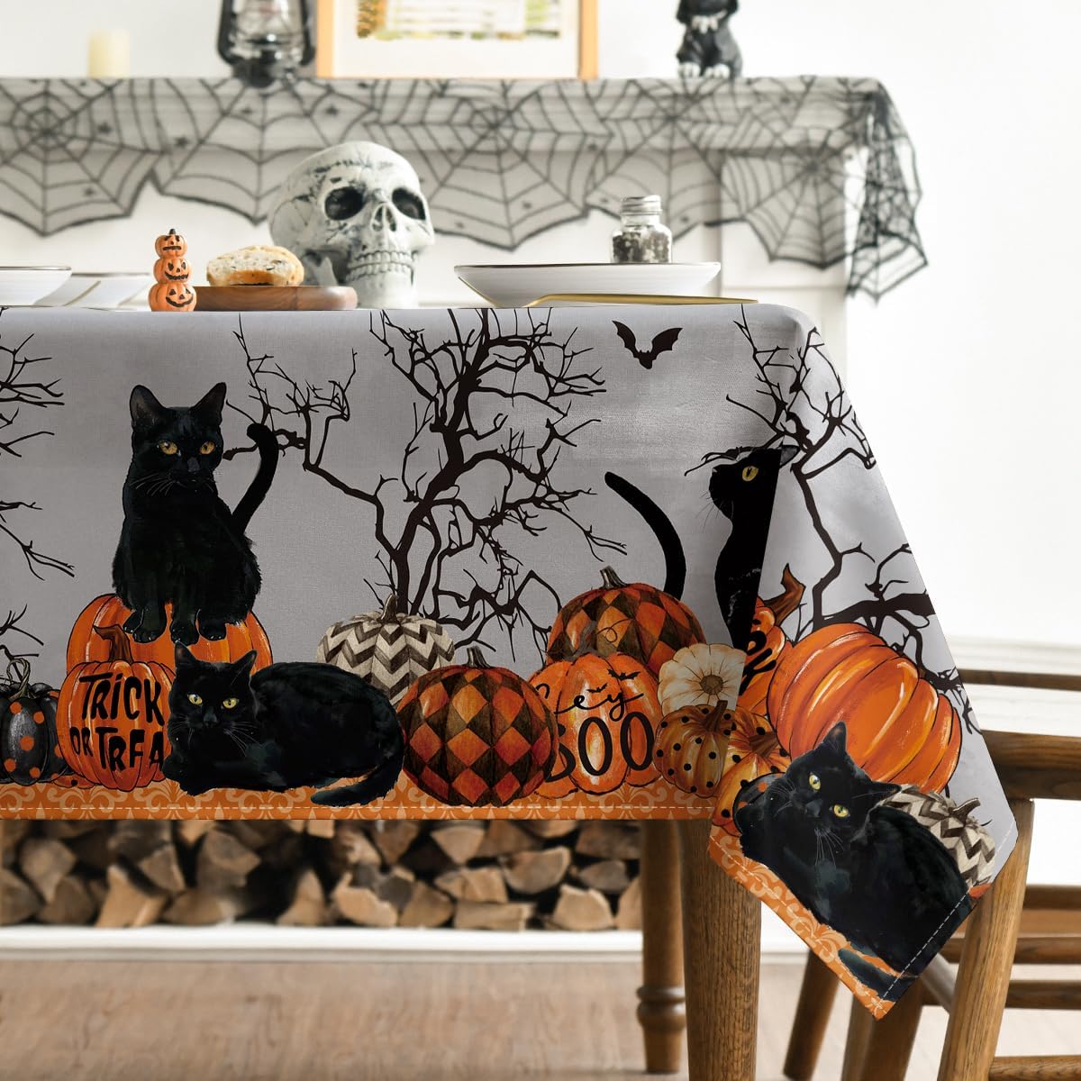 Horaldaily Halloween Tablecloth 52x70 Inch Buffalo Plaid Pumpkin Moon Cat Table Cover for Party Picnic Dinner Decor