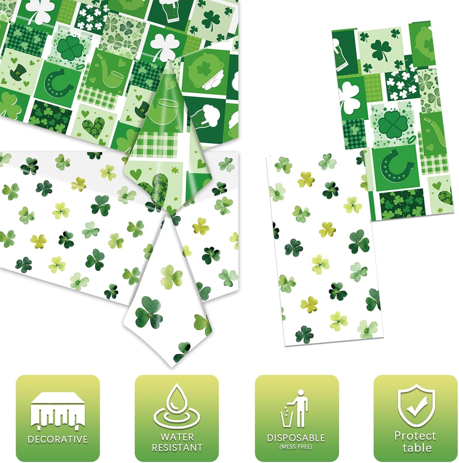 2PCS St Patricks Day Tablecloths Green Shamrock 54x108 Plastic Disposable Party Covers