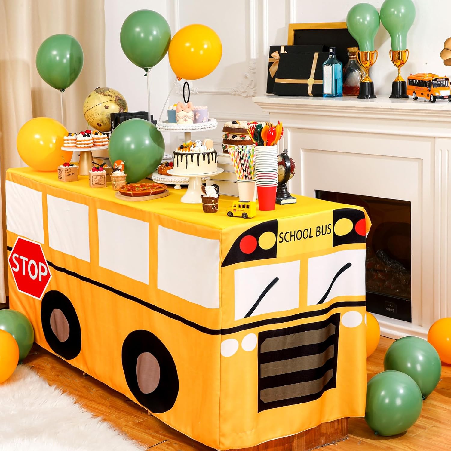 Oudain 2 Pcs 8FT School Bus Tablecloth Party Cover Birthday Decoration