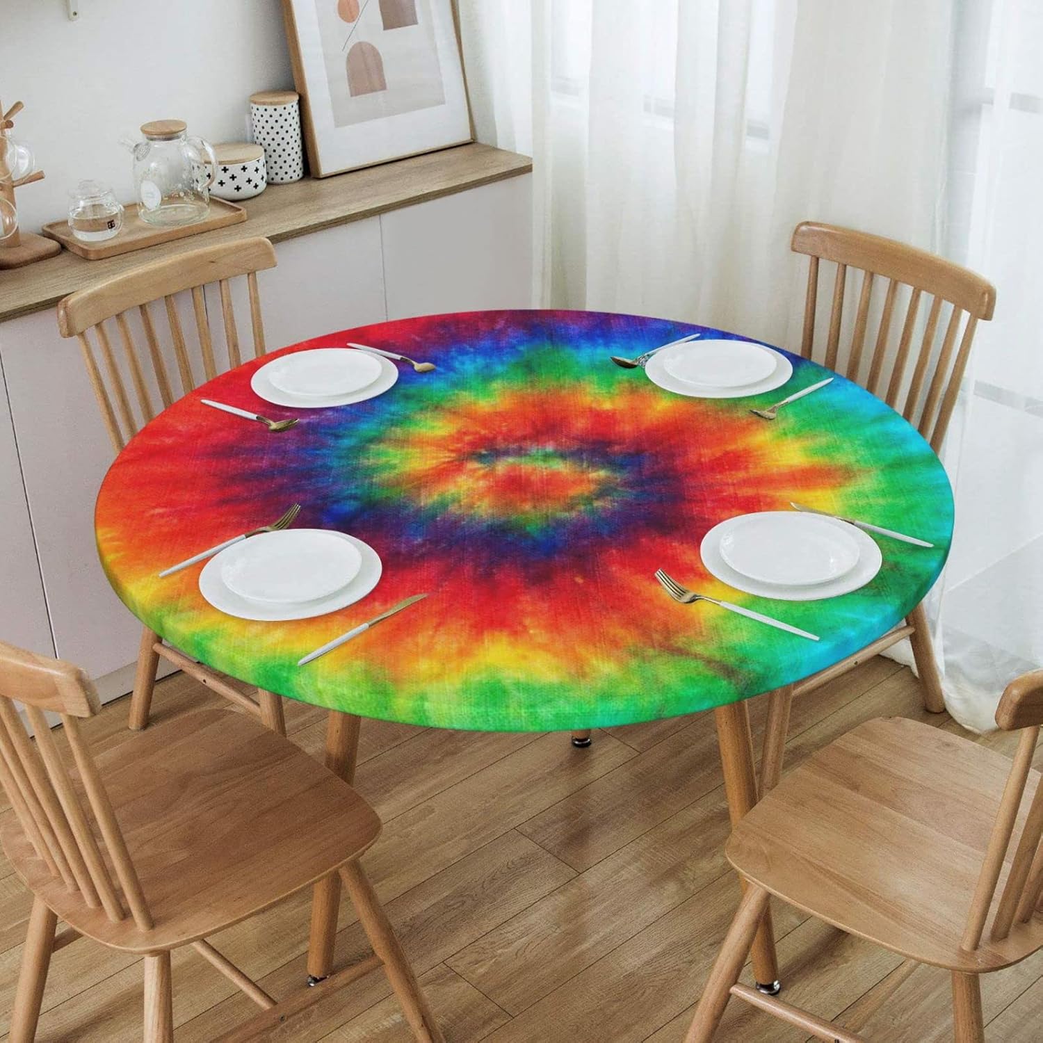 Tie Dye Round Tablecloth Fitted Elastic Washable 45-50 Inch