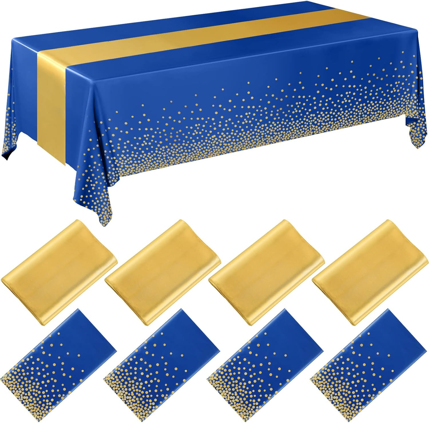 Breling 8 Pack Navy Blue Gold Tablecloths and Satin Runner Set