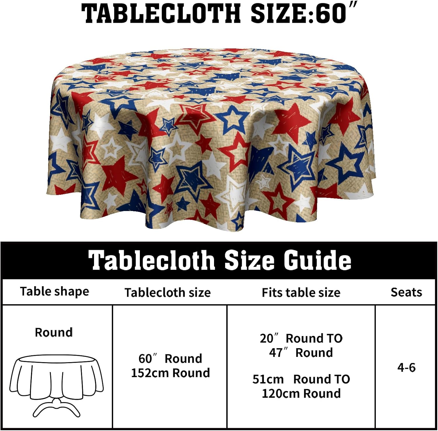 American Blue and Red Star Round Tablecloth 60 Inch Patriotic Table Cover for 4th of July Celebrations