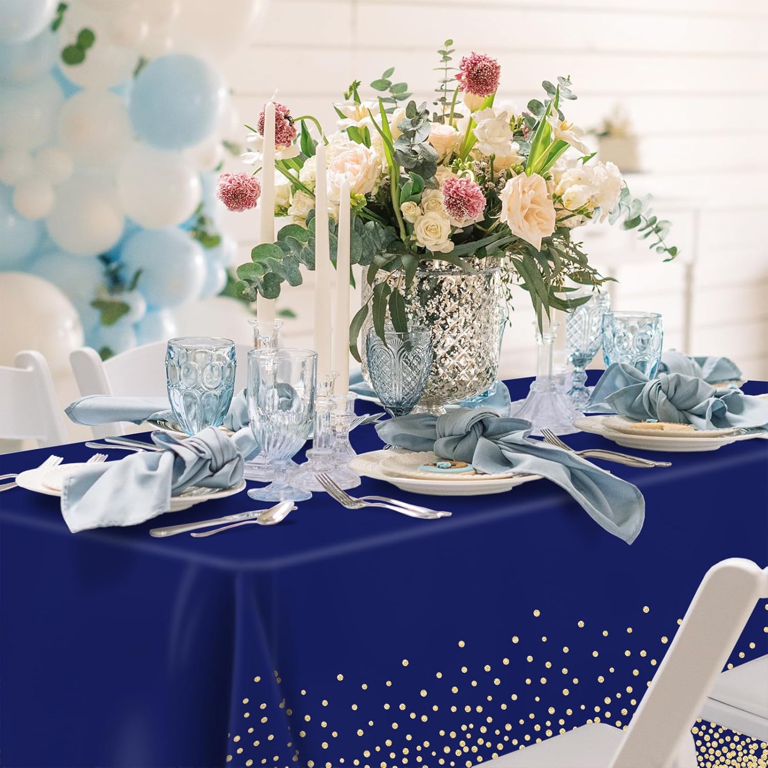 2 Pcs Navy Blue Gold Dot Plastic Tablecloth for Rectangle Tables