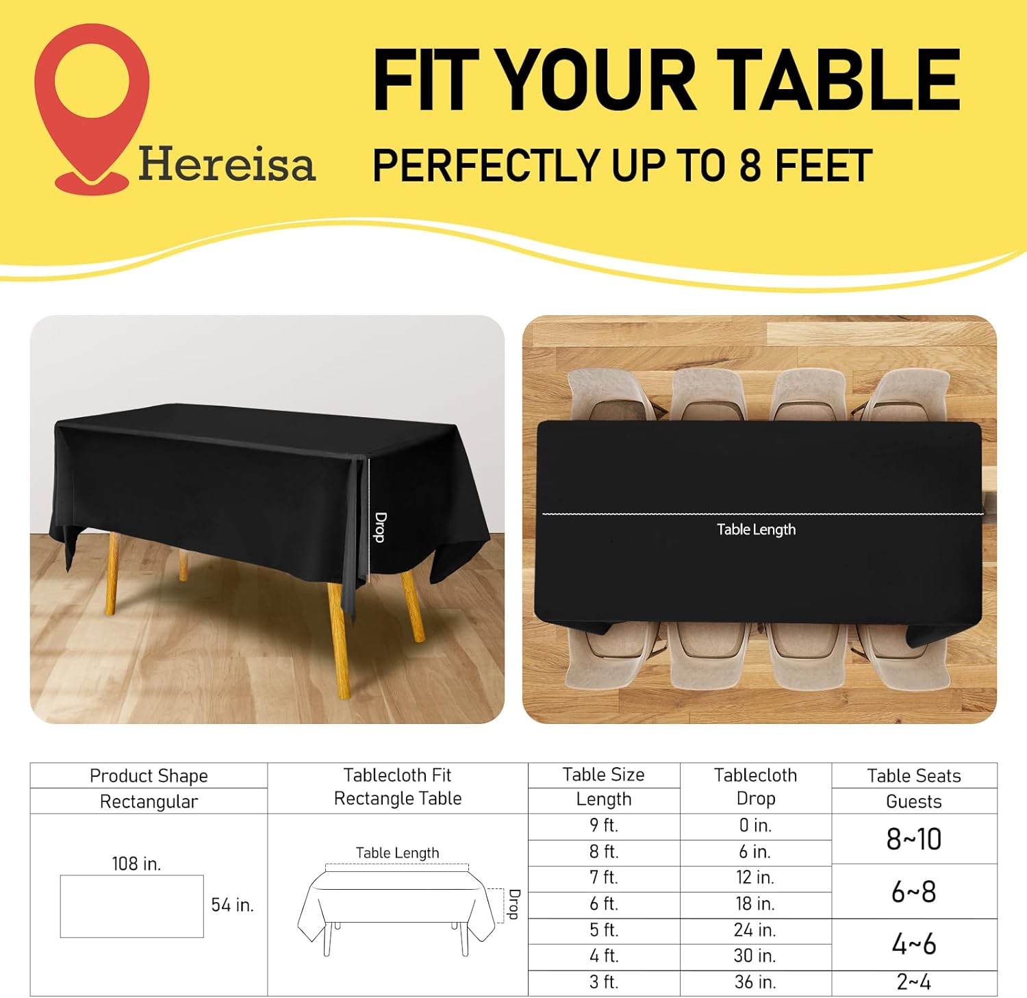 Hereisa 3 Pack Black Plastic Tablecloths 54x108 Inches