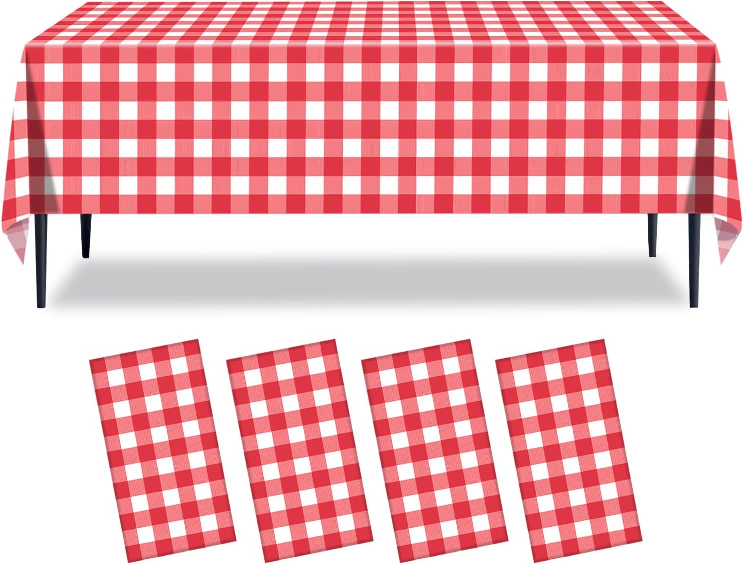 4 Pack Red Gingham Tablecloth 54x108 Inches Checkered Disposable Plastic Tablecovers for Parties Events