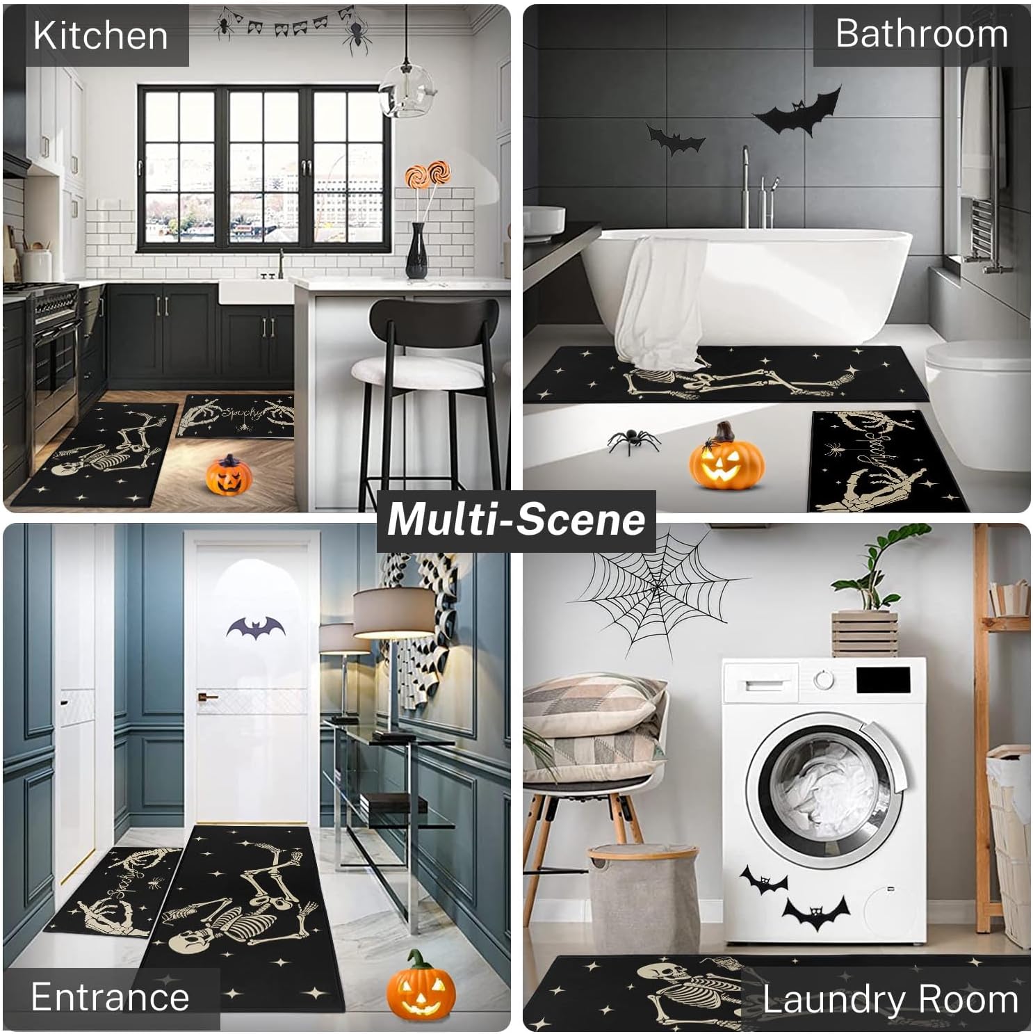 ArtSocket Halloween Skeleton Kitchen Rugs Set of 2 Non-Skid Washable