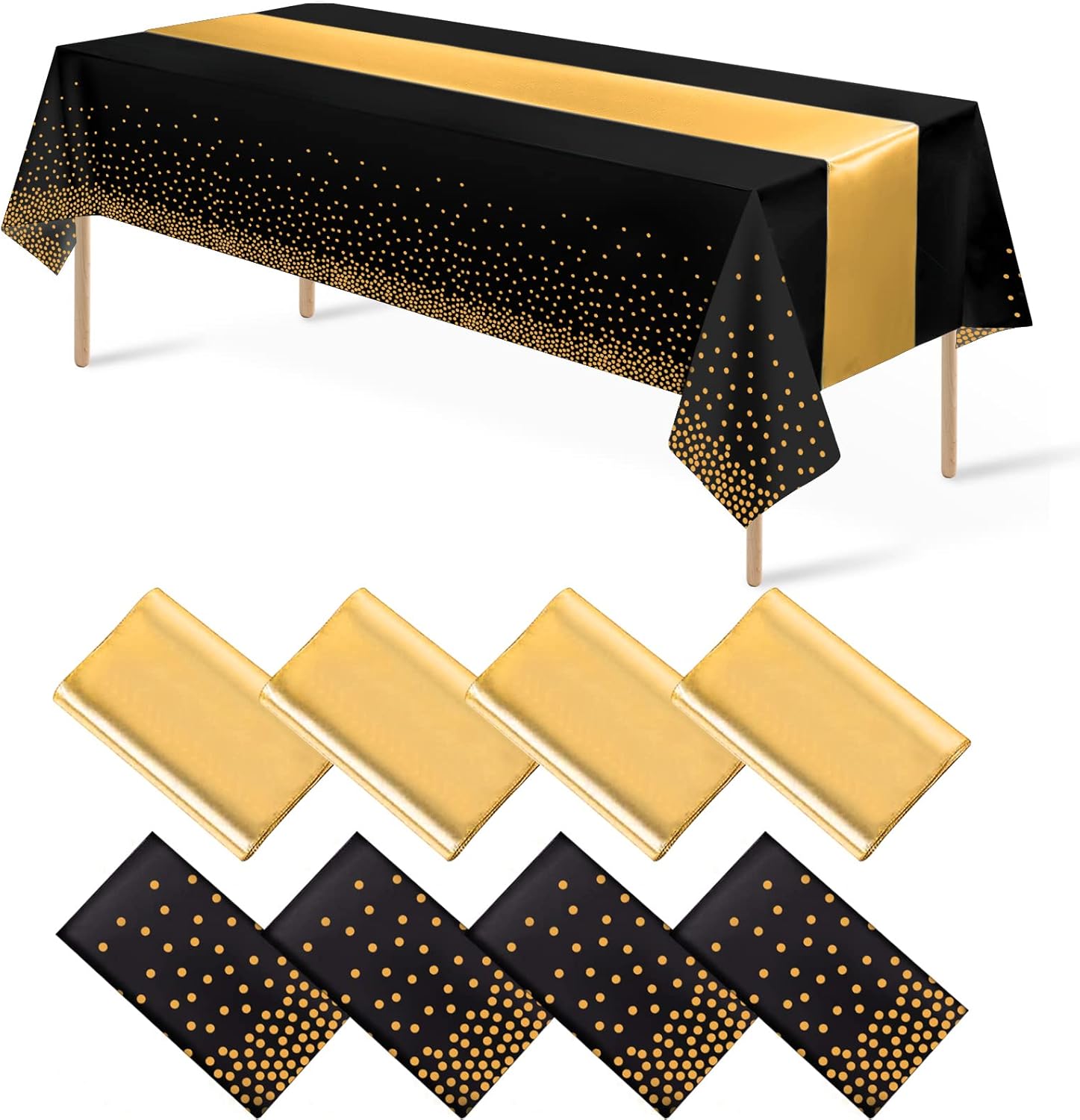 8Pack Black Gold Dot Tablecloths and Satin Table Runner Set for Events