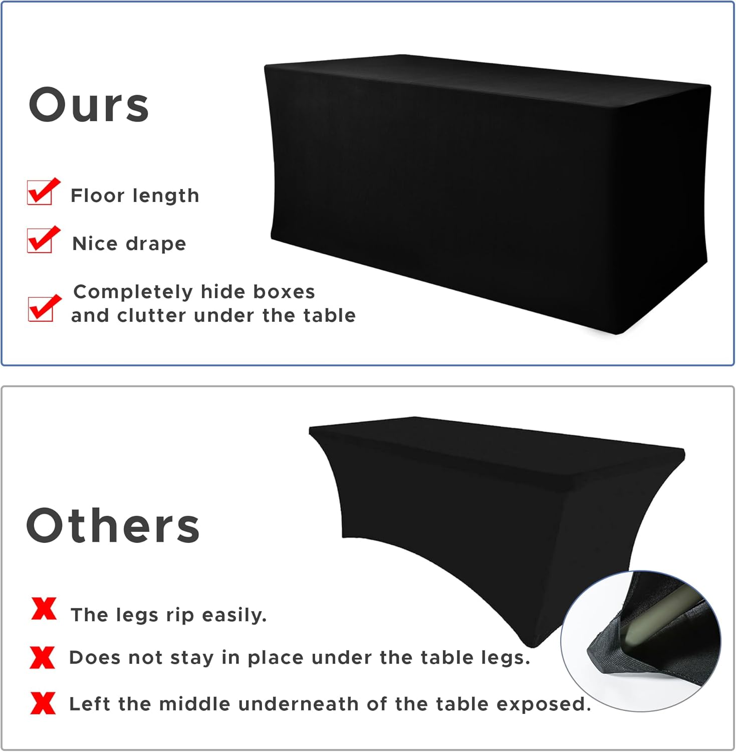 Nasitos Spandex Table Covers 6 Foot - 2 Pack Black Stretch Tablecloths