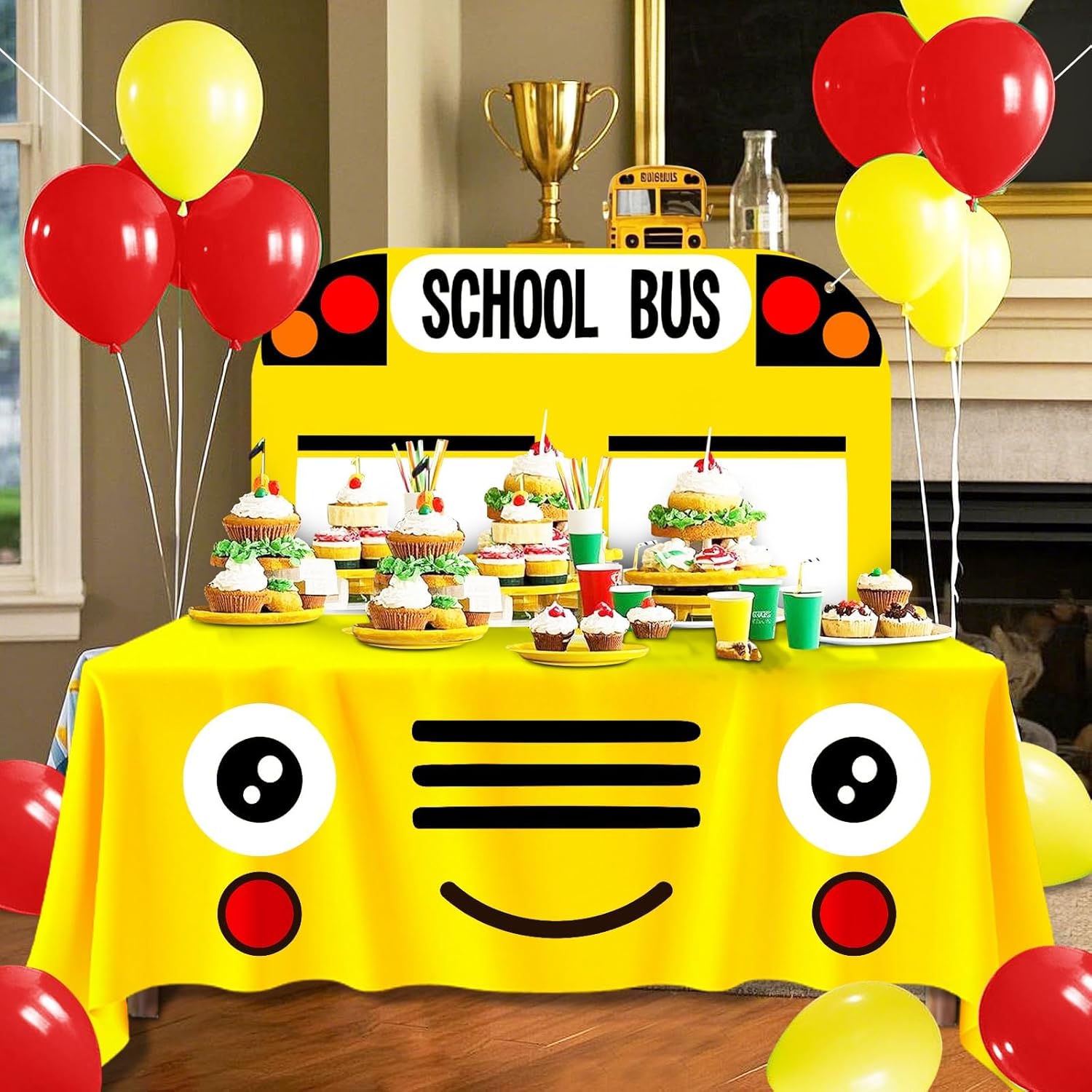 Cumule School Bus Themed Tablecloth and Backdrop Set