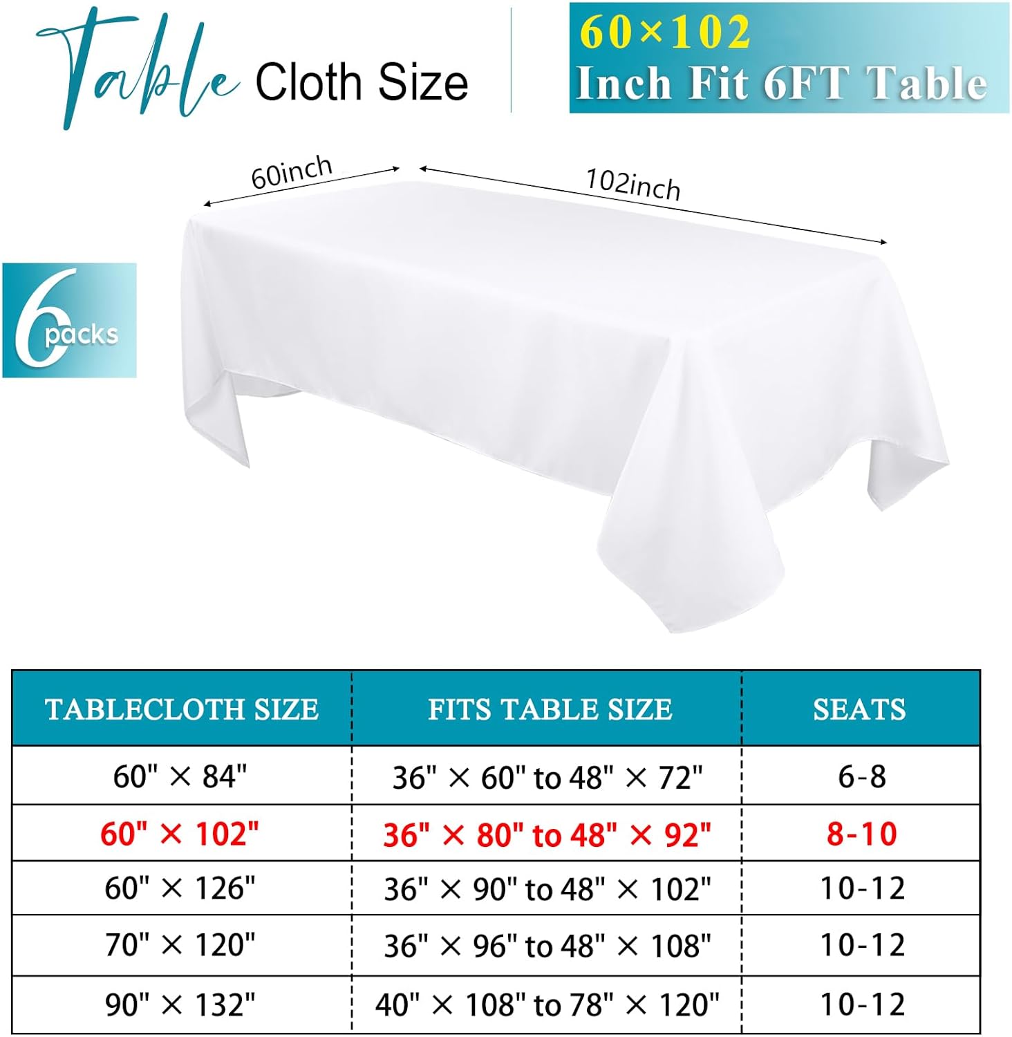 Kesfey 6 Pack White Tablecloths 60x102 Inch