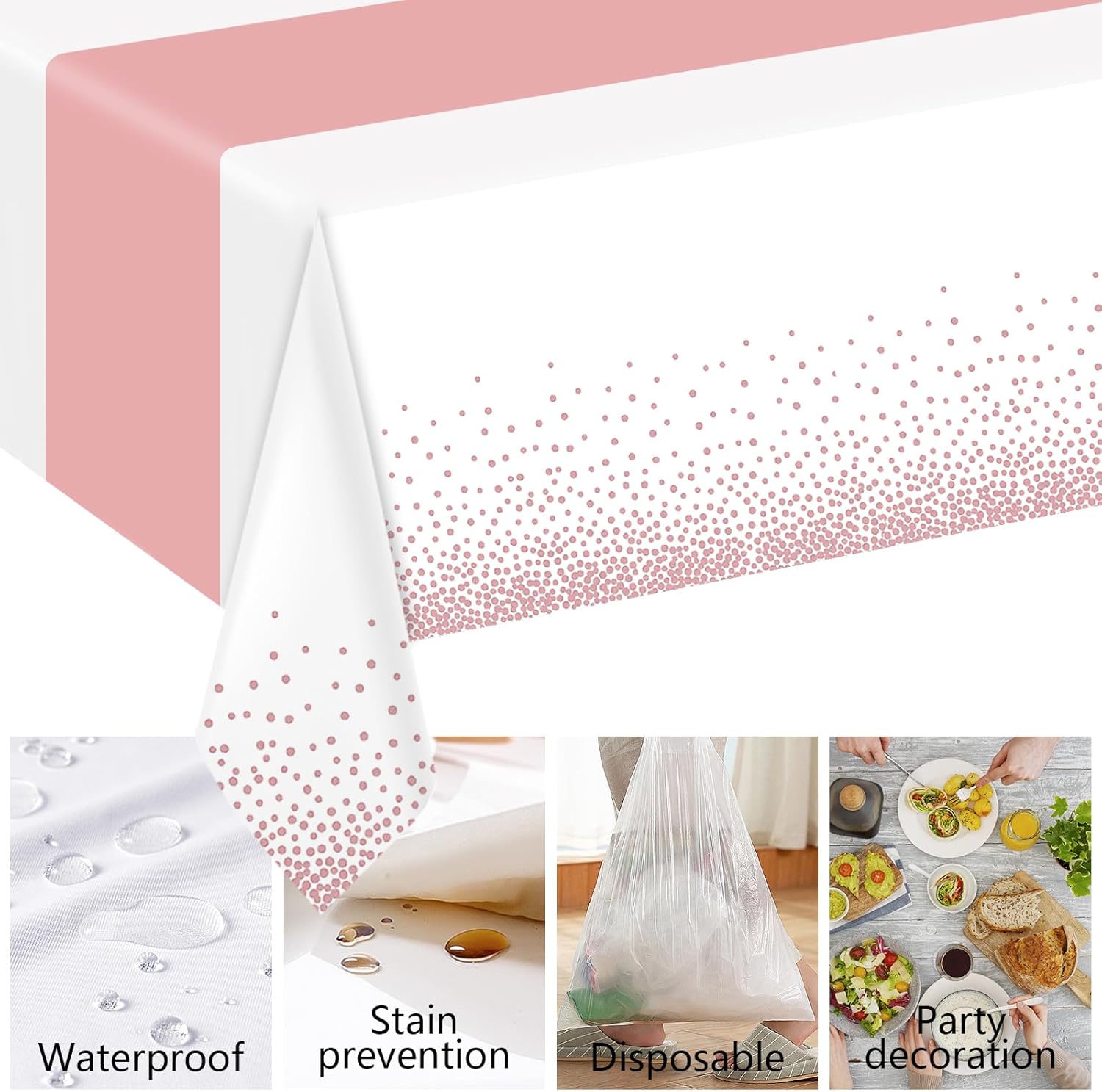 ZHOMA 6 Pack Rectangle Plastic Dot Tablecloth Set White Rose Gold