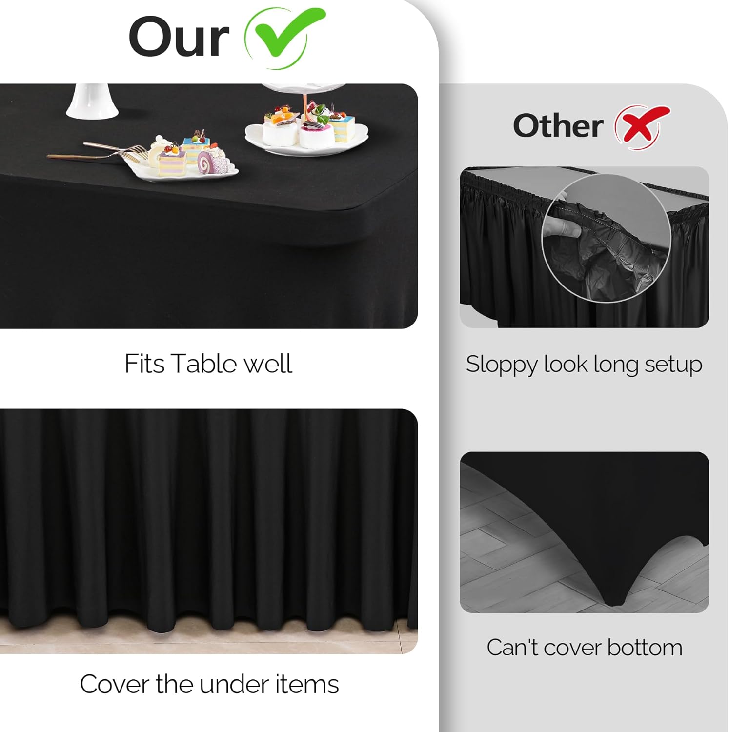 Wish Care 2 Pack Black Spandex Tablecloths - Fitted 6ft Rectangle for Events
