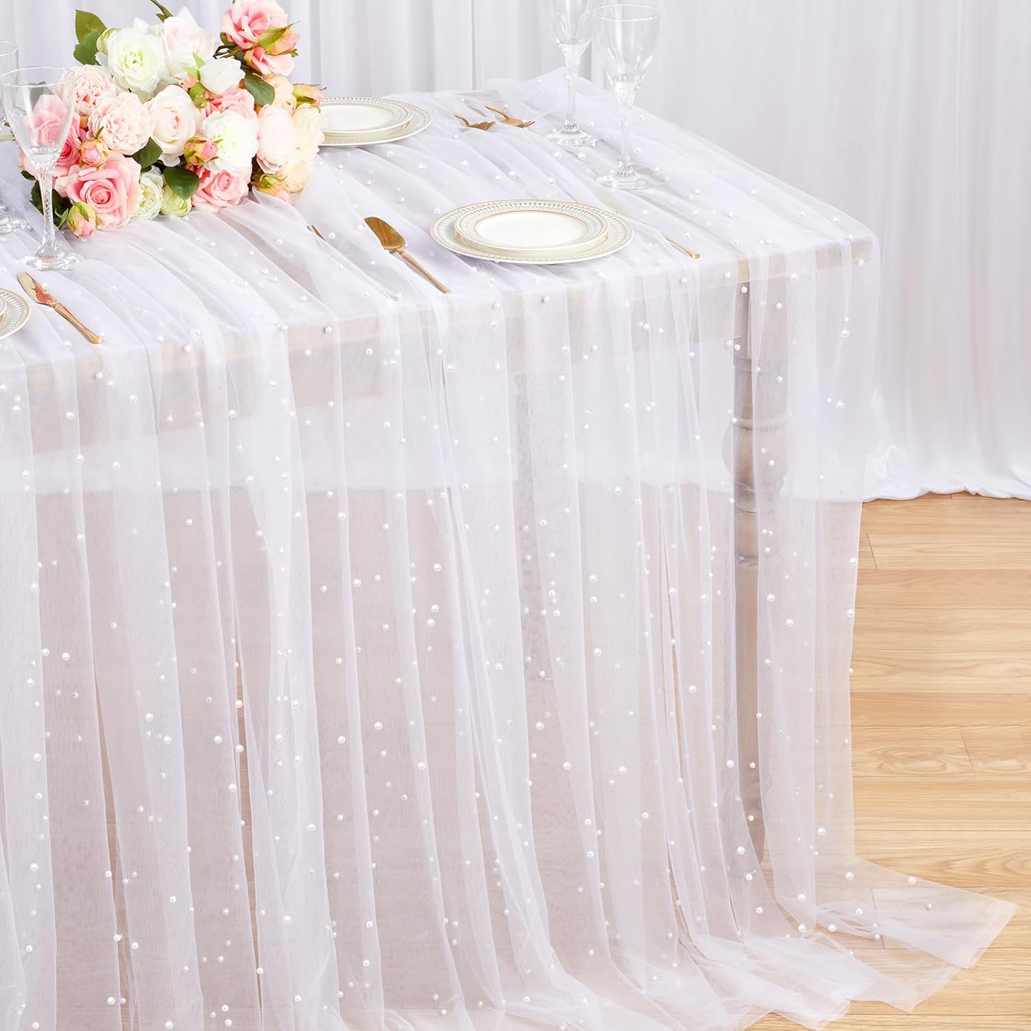 LuoluoHouse White Pearl Table Cloth 10ft Tulle Wedding Runner Decor