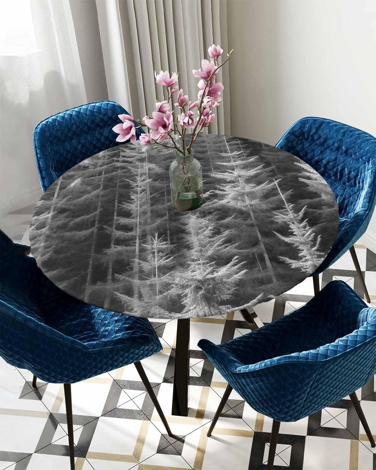 ZOE GARDEN Grey Tree Round Waterproof Tablecloth